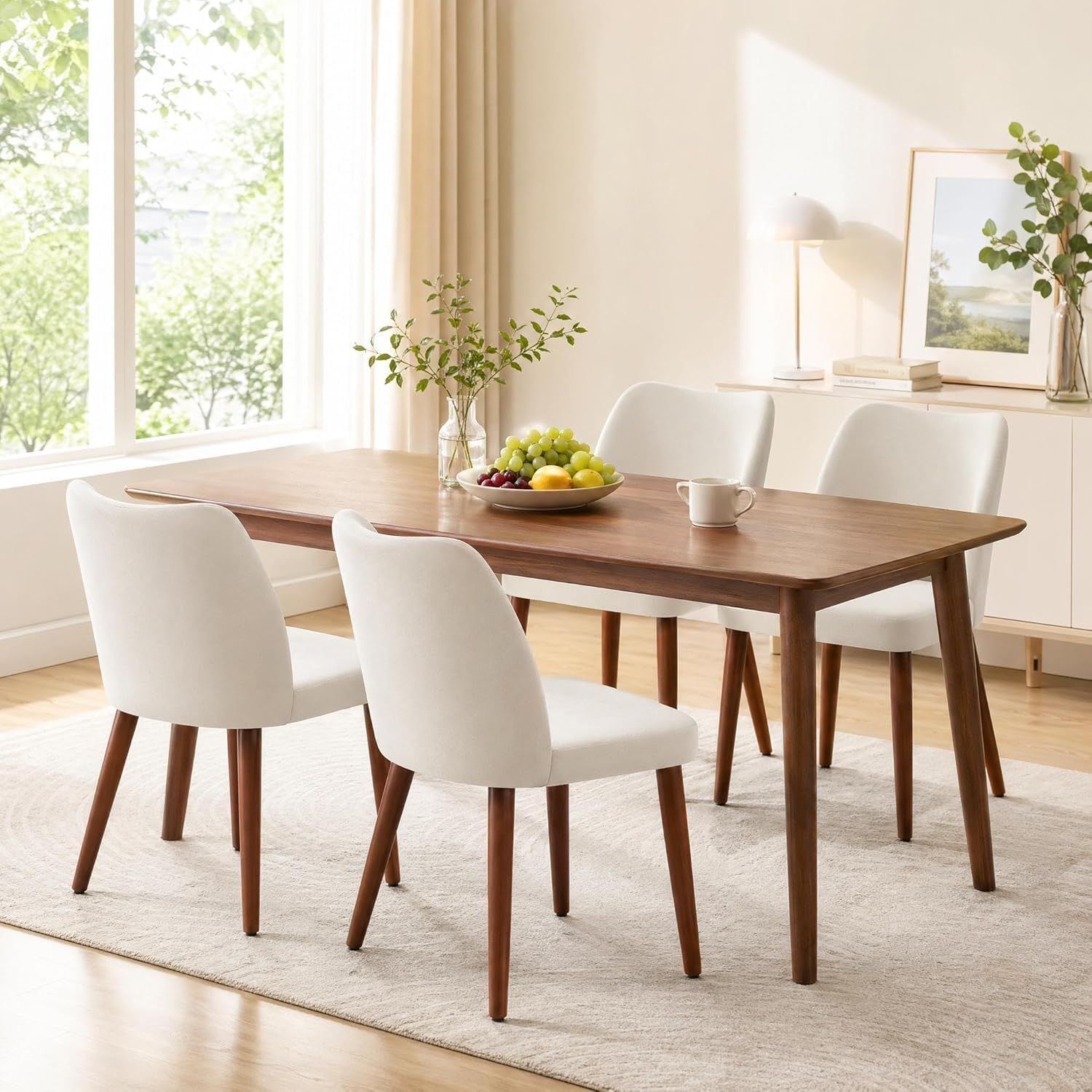 IDEALHOUSE 4 Pieces Fabric Wingback Dining Room Chairs, Comfort Thick Cushioned Kitchen Side Chairs Sturdy Wooden Legs with Anti-Slip Leveling Feet, Modern Leisure Chair for Home Indoor Use, White