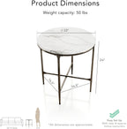 24/7 Shop at Home Aureum Modern 22-inch Round Marble Top End Table with X-Brace, Hammered Dark Bronze Metal Frame for Living Room, Office, White