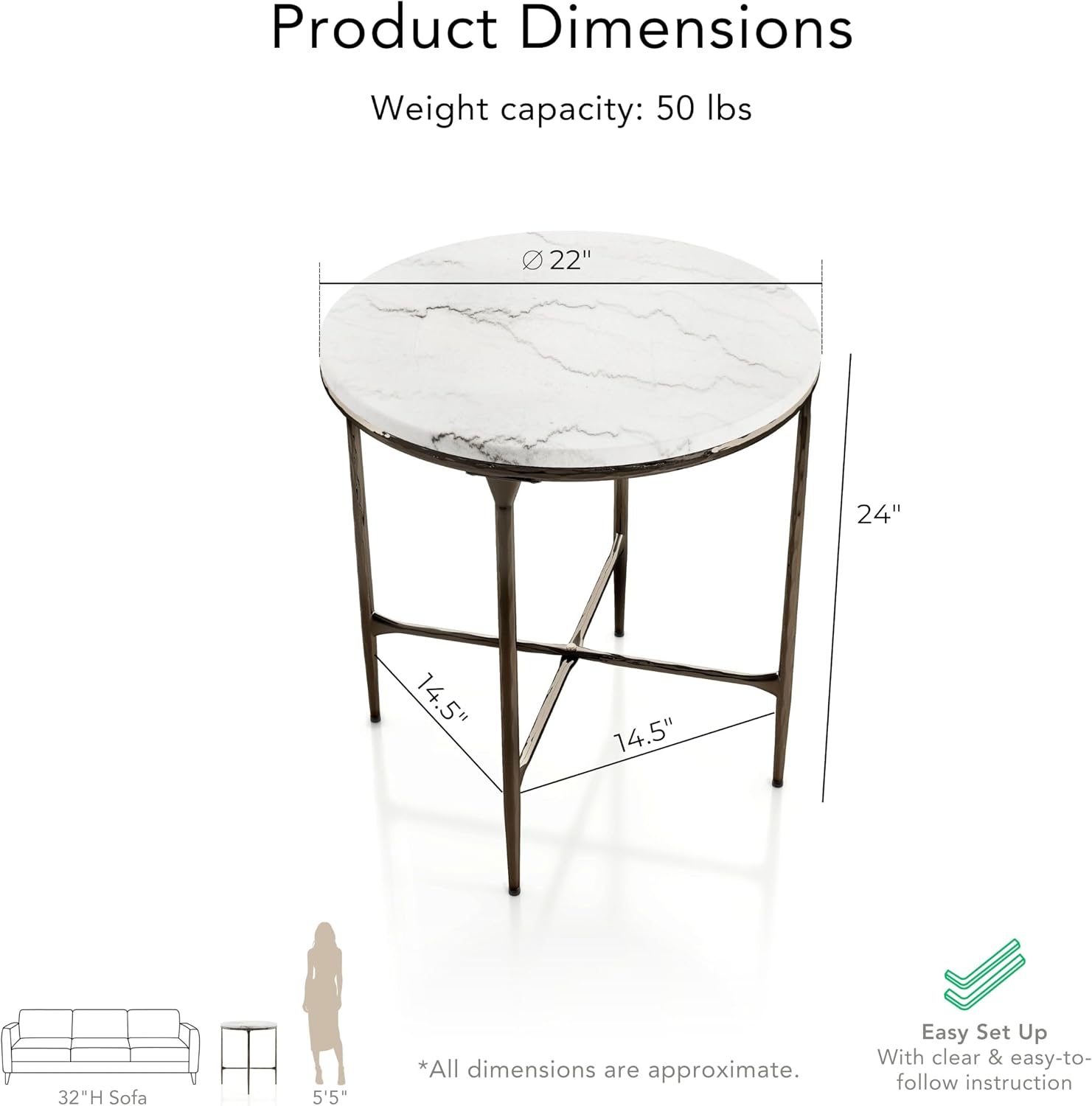 24/7 Shop at Home Aureum Modern 22-inch Round Marble Top End Table with X-Brace, Hammered Dark Bronze Metal Frame for Living Room, Office, White