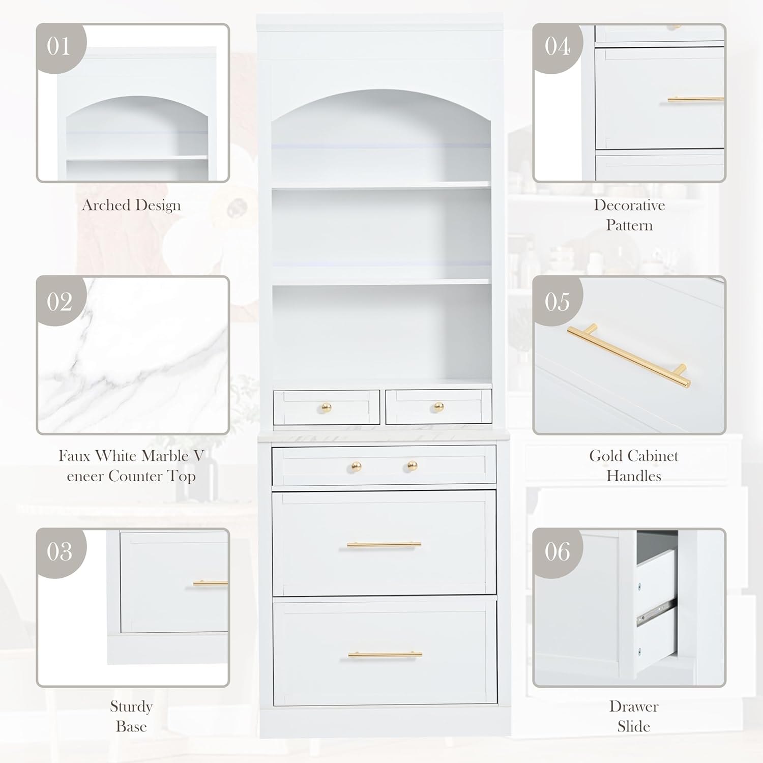 83.7" Tall Kitchen Pantry Cabinet, Freestanding Kitchen Hutch with Faux Marble Top, Pantry Storage Cabinet with 5 Drawers & Adjustable Shelf, Modern Farmhouse Cupboard for Dining Room, White