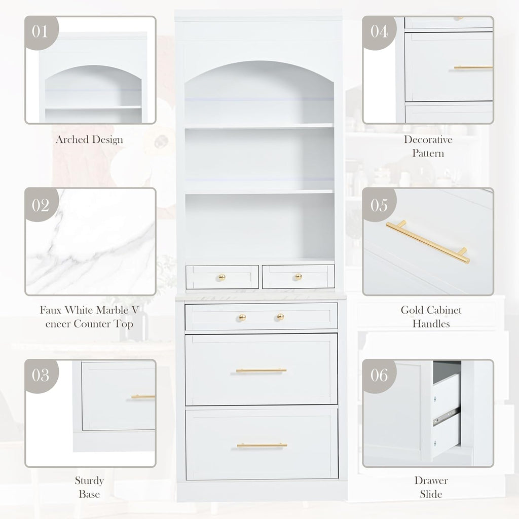 LUMISOL 83.7” Kitchen Pantry, Freestanding Tall Kitchen Hutch with Faux Marble Top, Display Cupboard Cabinet with 5 Storage Drawers and Adjustable Shelf, Storage Cabinet for Kitchen Dining Room, White