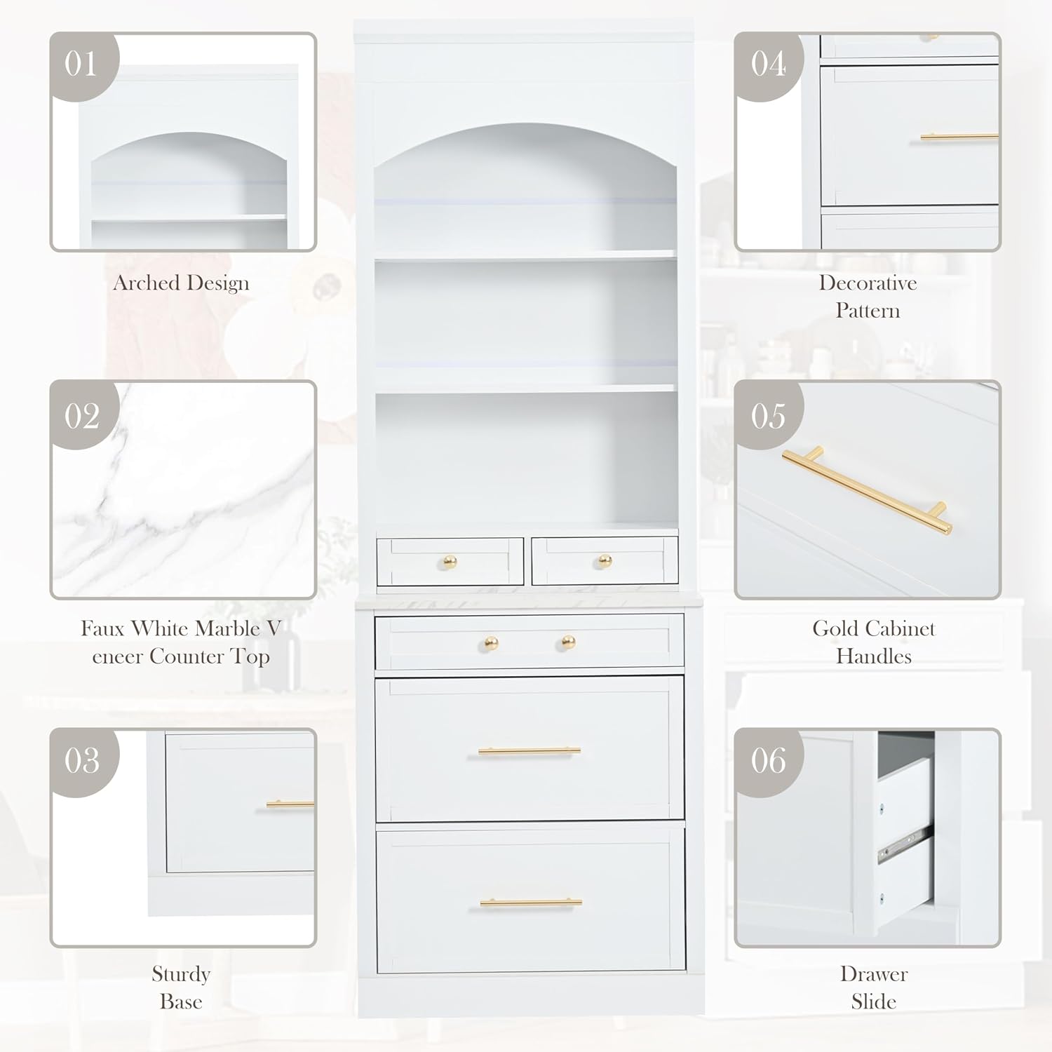 LUMISOL 83.7” Kitchen Pantry, Freestanding Tall Kitchen Hutch with Faux Marble Top, Display Cupboard Cabinet with 5 Storage Drawers and Adjustable Shelf, Storage Cabinet for Kitchen Dining Room, White