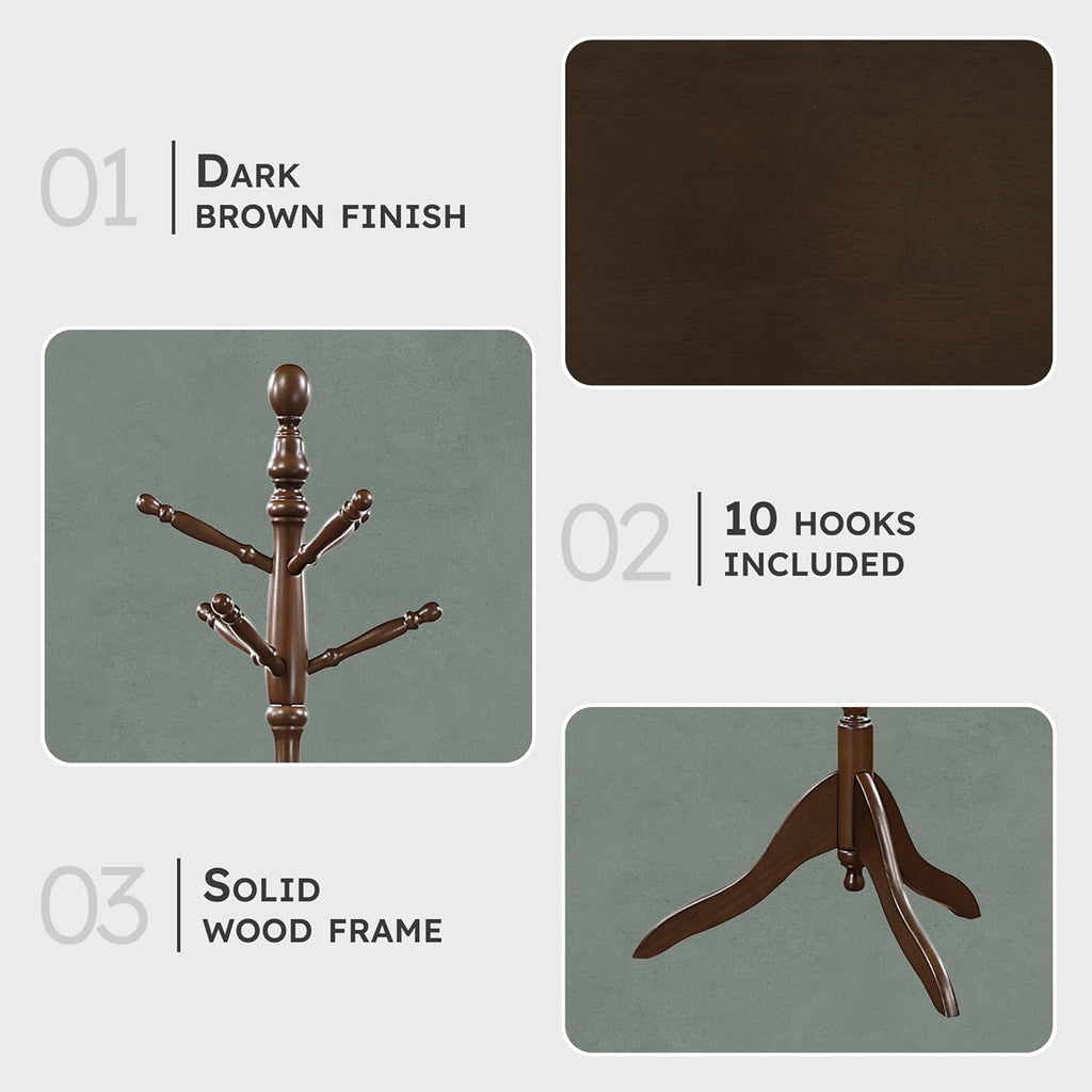 Lexicon Sturdy Solid Wood Coat Rack Stand with 10 Hanging Hooks for Hats,Scarves, Handbags, 3-Tier Wooden Coat Rack Freestanding Tree Used in Bedroom, Entryway, Hallway, Office, Dark Brown