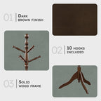 Lexicon Sturdy Solid Wood Coat Rack Stand with 10 Hanging Hooks for Hats,Scarves, Handbags, 3-Tier Wooden Coat Rack Freestanding Tree Used in Bedroom, Entryway, Hallway, Office, Dark Brown