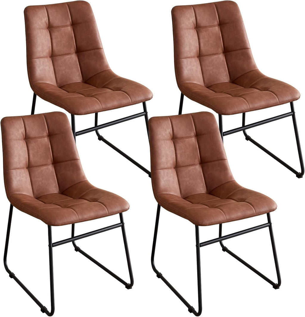 Dining Chairs Set of 4, Modern [Metal Sled Legs][Synthetic Leather] Upholstered Kitchen Chairs with Ergonomic Seat for Dining Living Room Home, Brown