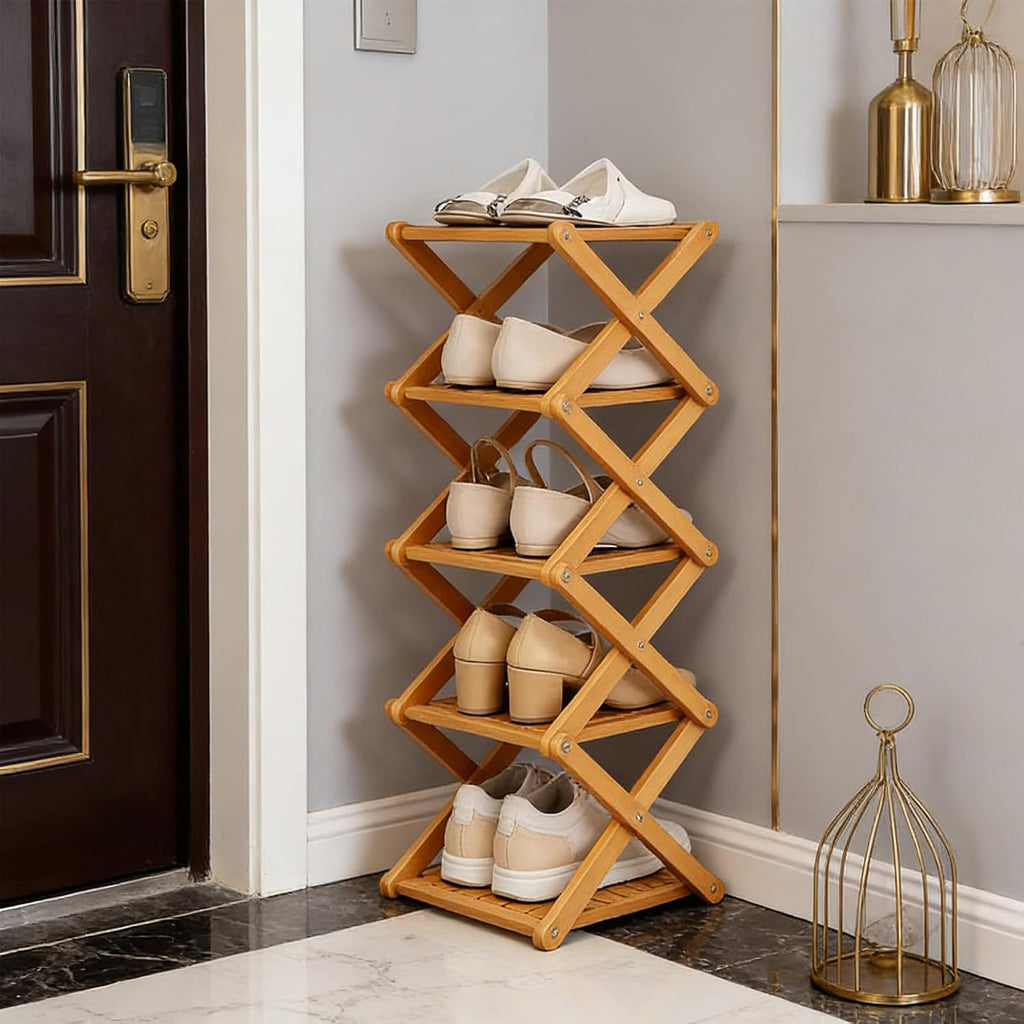 2/3/4/5/6/7/8/9 Tier Bamboo Shoe Rack - Foldable,No Installation Needed,Space-Saving Multi-Tier Storage for Indoor & Balcony Use (Yellow,7 Layers)