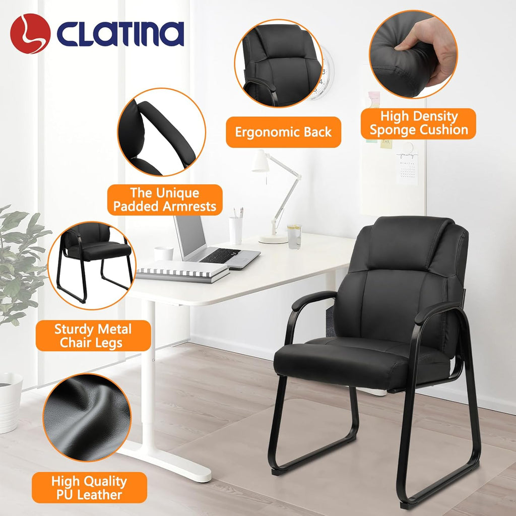 CLATINA Classic Leather Soft Reception Chair with Padded Armrests and Sled Base, Executive Guest Chair for Office Computer Desk Conference Waiting Meeting Room, Black (8 Pack)