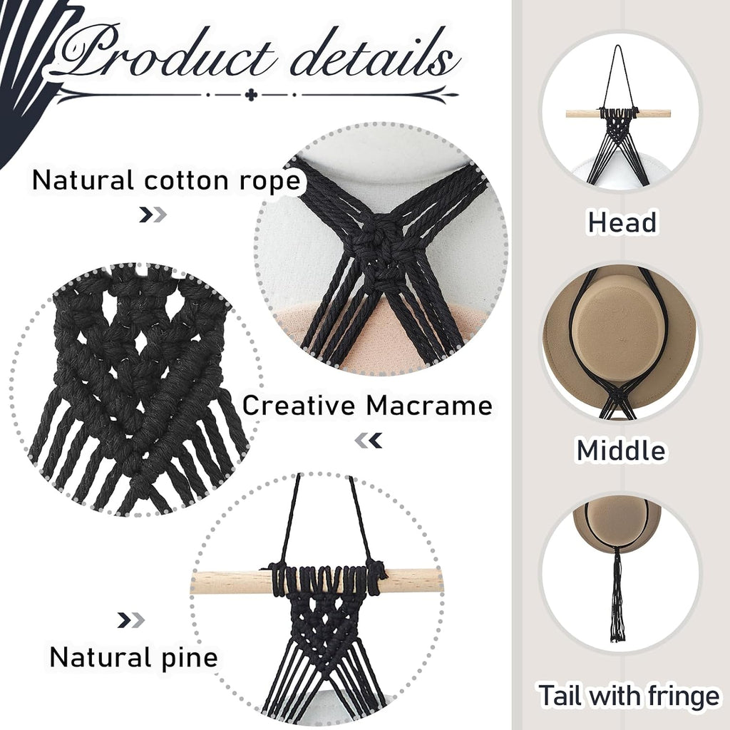 Yulejo Macrame Hat Hangers Racks Boho Cowboy Hats Holders Western Display Organizer Storage decor Back of Door for Wall(Black,Four Hats Style)