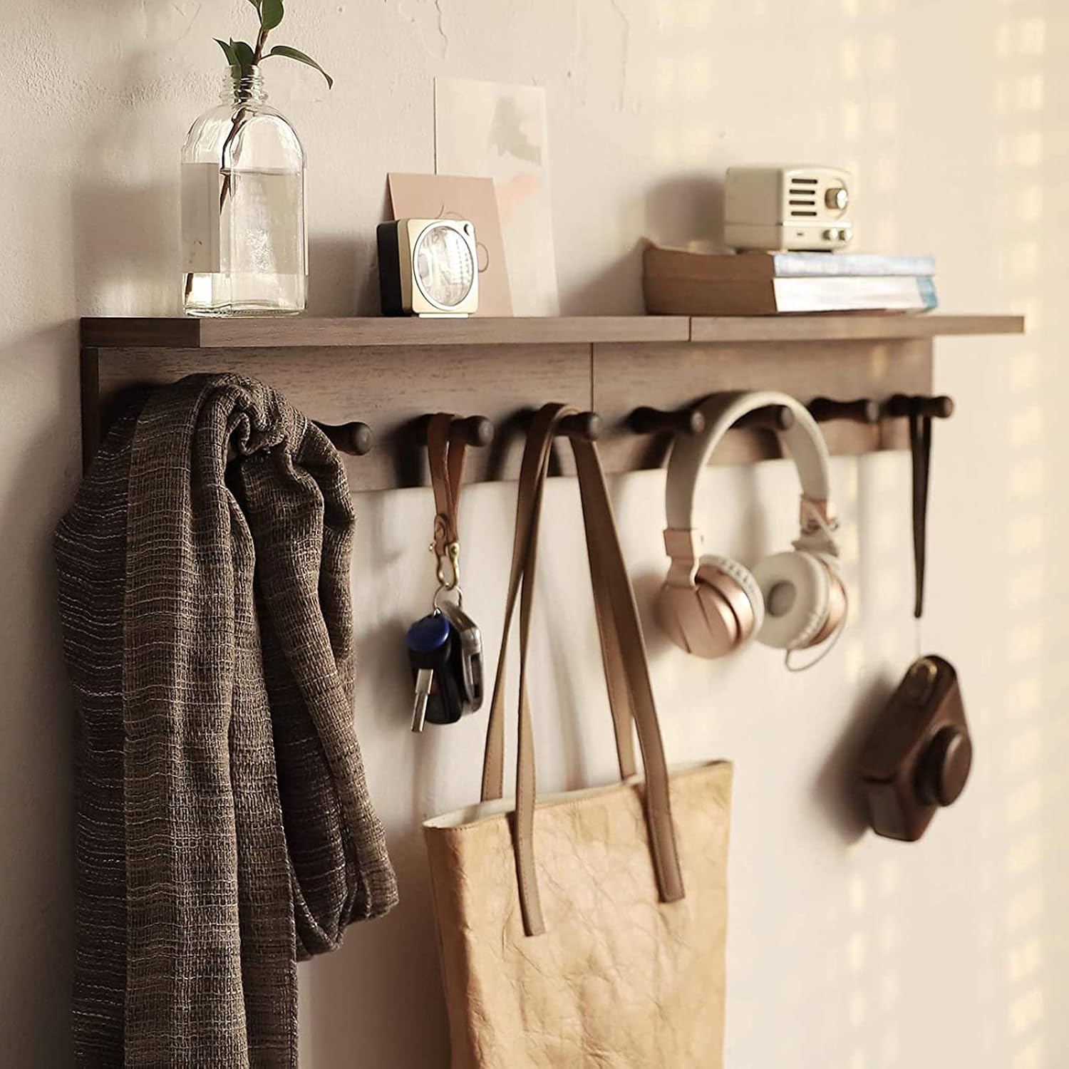 Entrance Coat Rack ，Coat Hooks, Wall-Mounted Wooden Hook Rack, Wall-Mounted Shelves are Very Suitable (Walnut Color Finish—A-2)