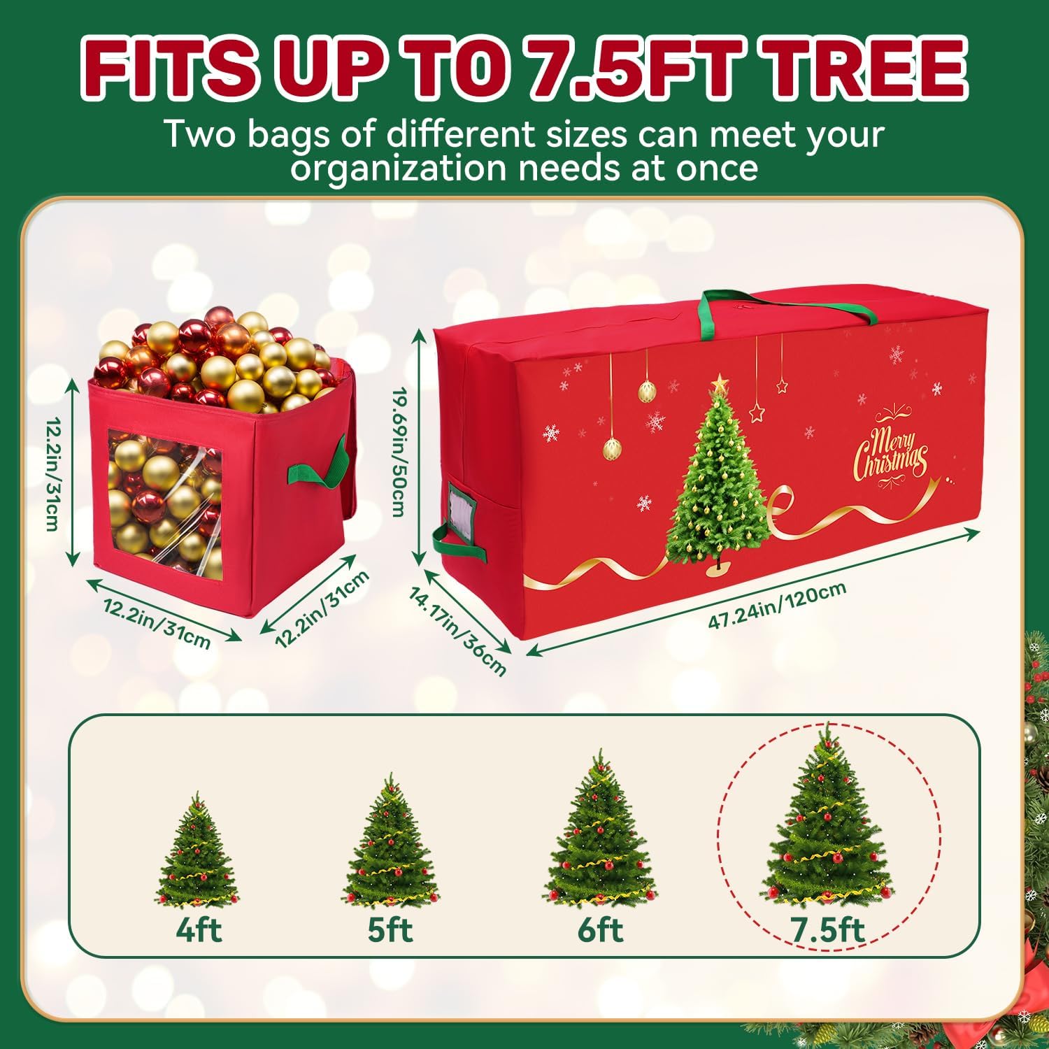 Christmas Tree Storage Bag, 7.5Ft Christmas Tree Bag 2 Piece Set Includes a Storage Bags for Xmas Decorations, Reinforced Handles & Sleek Dual Zipper Waterproof Xmas Tree Bag