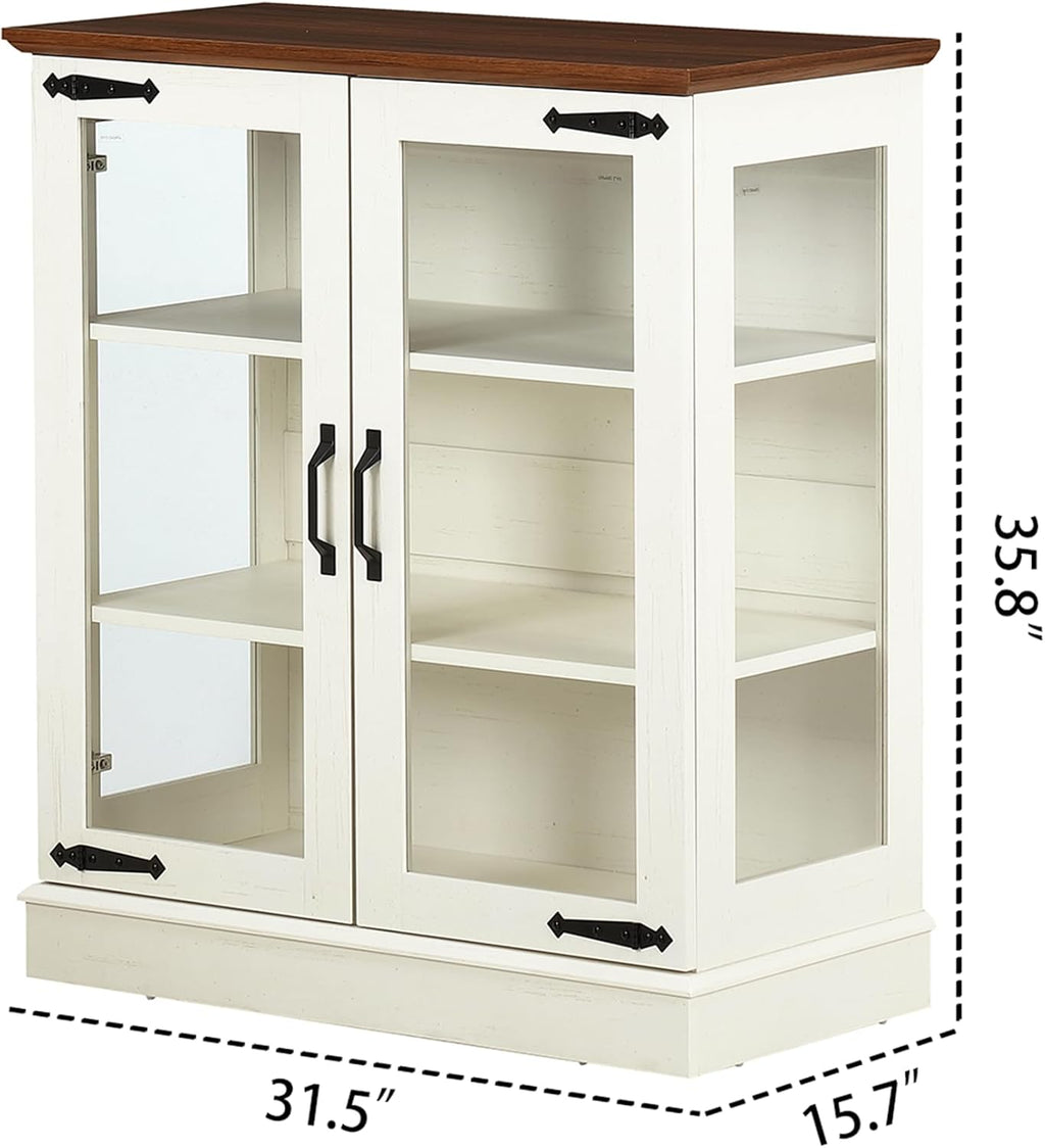 FOREST GRAVITY 31.5'' Small Display Buffet Cabinet with LED and Glass Doors for Great Showcase,Small Coffee bar Cabinet with one Adjustable,Modern Sideboard Buffet for Kitchen,Antique White