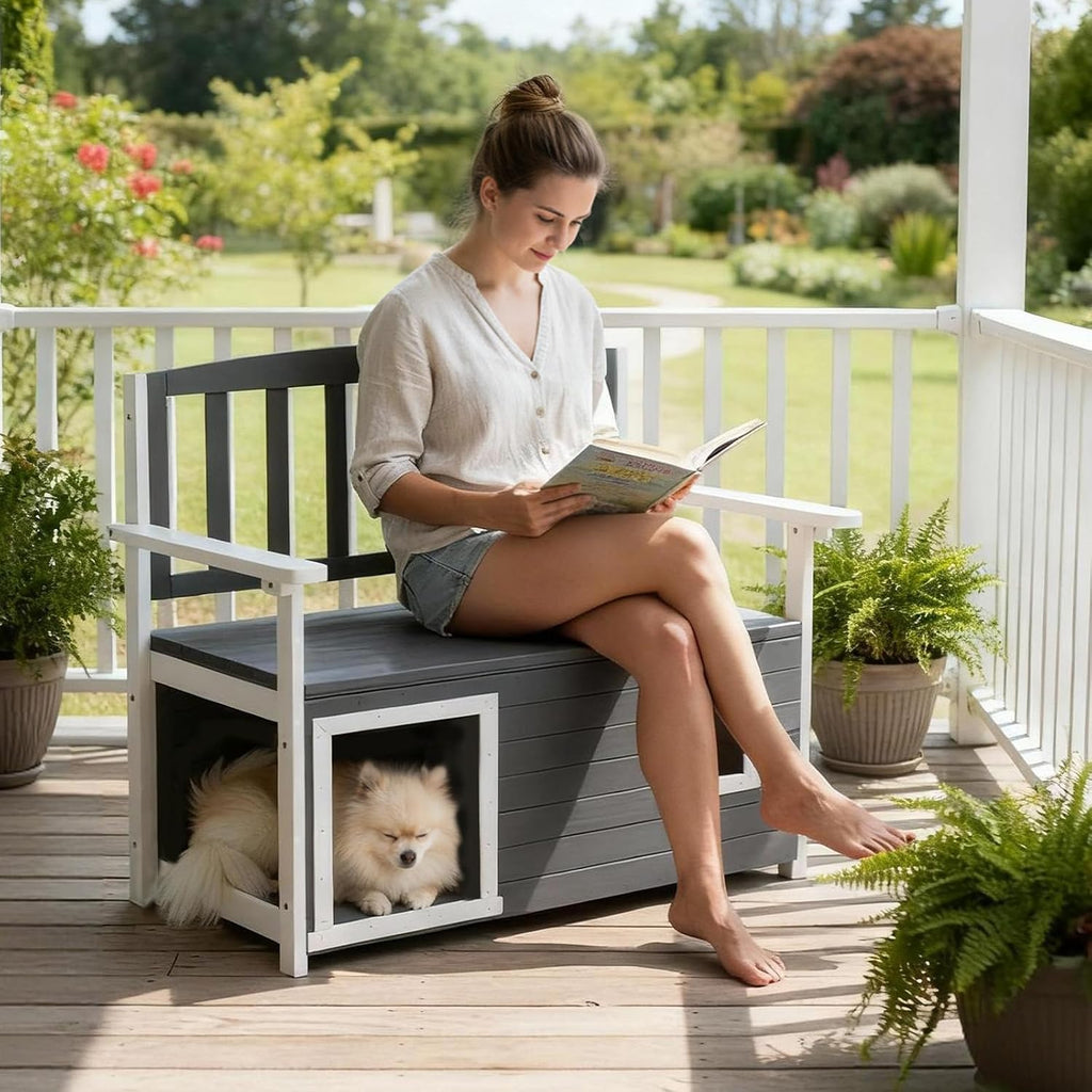 VINGLI Outdoor Storage Bench with Built-in Dog House, 2-in-1 Outdoor Waterproof Patio Bench with Pet Kennel for Patio Backyard Porch (Gray)