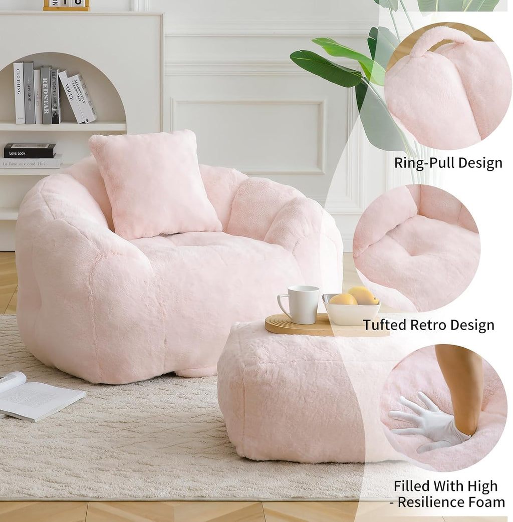 Bean Bag Chair for Adults, Faux Fur Upholstered Beanbag Chair with Shell-Shaped Design, Comfy Bean Bag Sofa with Pillow and Footstool, Floor Sofa Chair for Bedroom (Pink)