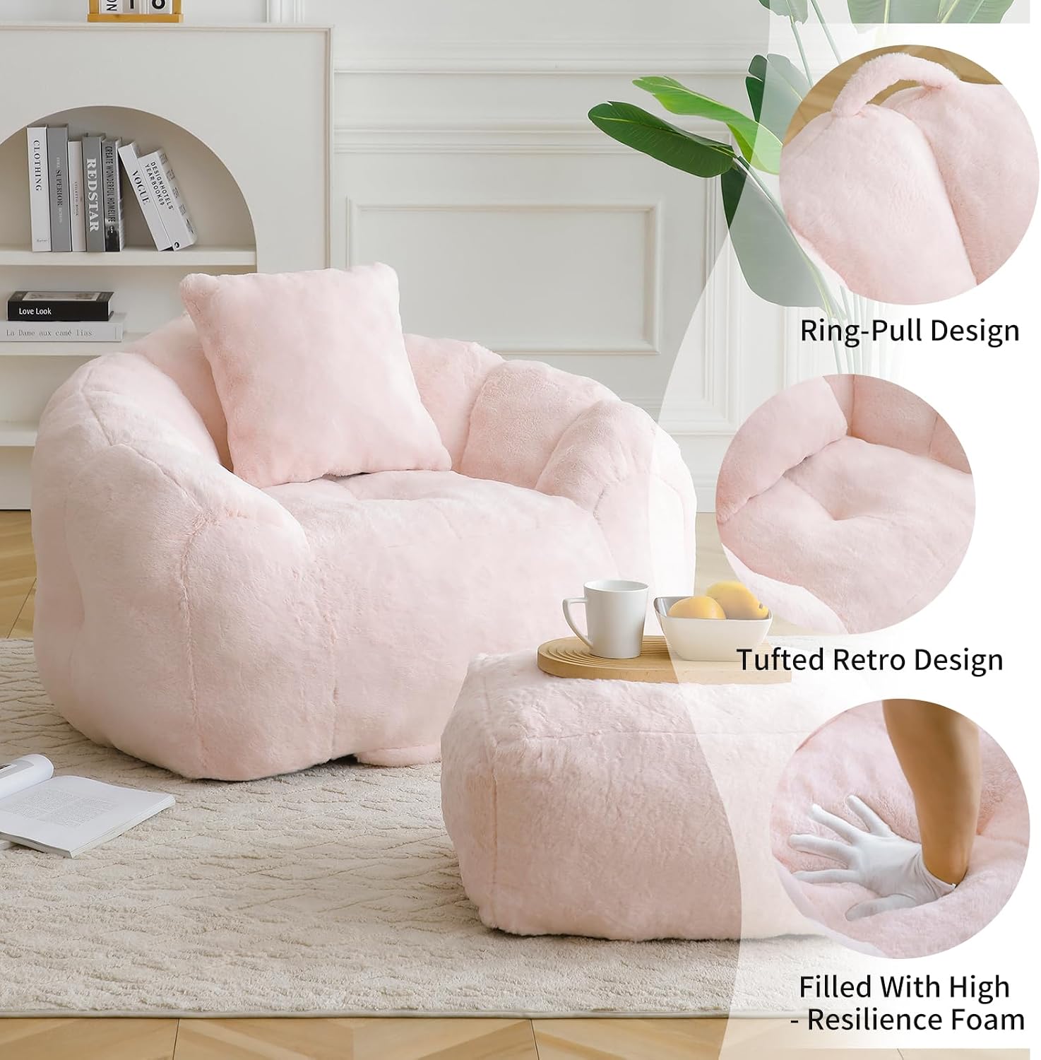 Bean Bag Chair for Adults, Faux Fur Upholstered Beanbag Chair with Shell-Shaped Design, Comfy Bean Bag Sofa with Pillow and Footstool, Floor Sofa Chair for Bedroom (Pink)
