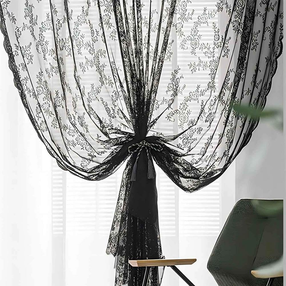 Lace Canopy Bed Curtains Set Black Queen Bed Canopy Curtains Soft Romantic Canopy Scarf Cute Bedroom Decor, No Pole, Consists of 8, 39" x 79"