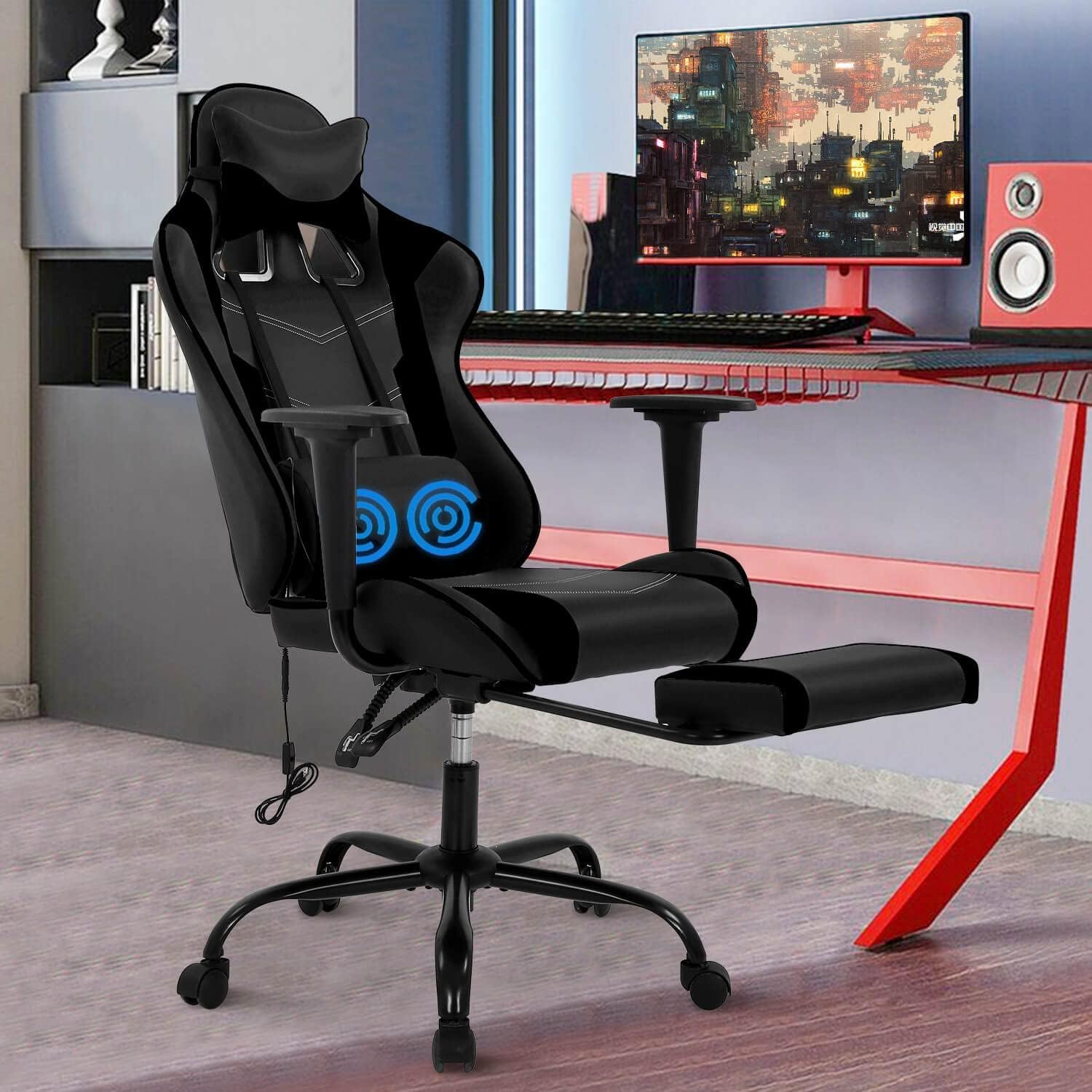 Massage Gaming Chair with Footrest - Ergonomic PC Office Chair with Lumbar Support, Headrest, Armrest - High Back PU Leather Recliner, Heavy Duty Swivel Gamer Chair, Black
