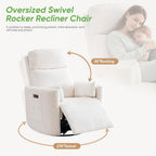Oversized Power Recliner with Massage and Heat, Swivel Rocker Recliner with Adjustable Headrest, Glider Recliner Nursery Chair with 2 Pillows, rocking nursery recliner for Living Room,Chenille White