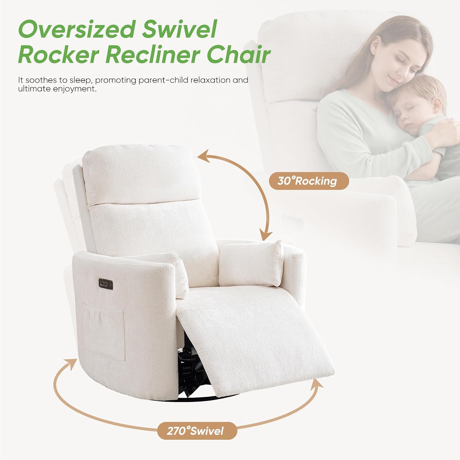 Oversized Power Recliner with Massage and Heat, Swivel Rocker Recliner with Adjustable Headrest, Glider Recliner Nursery Chair with 2 Pillows, rocking nursery recliner for Living Room,Chenille White