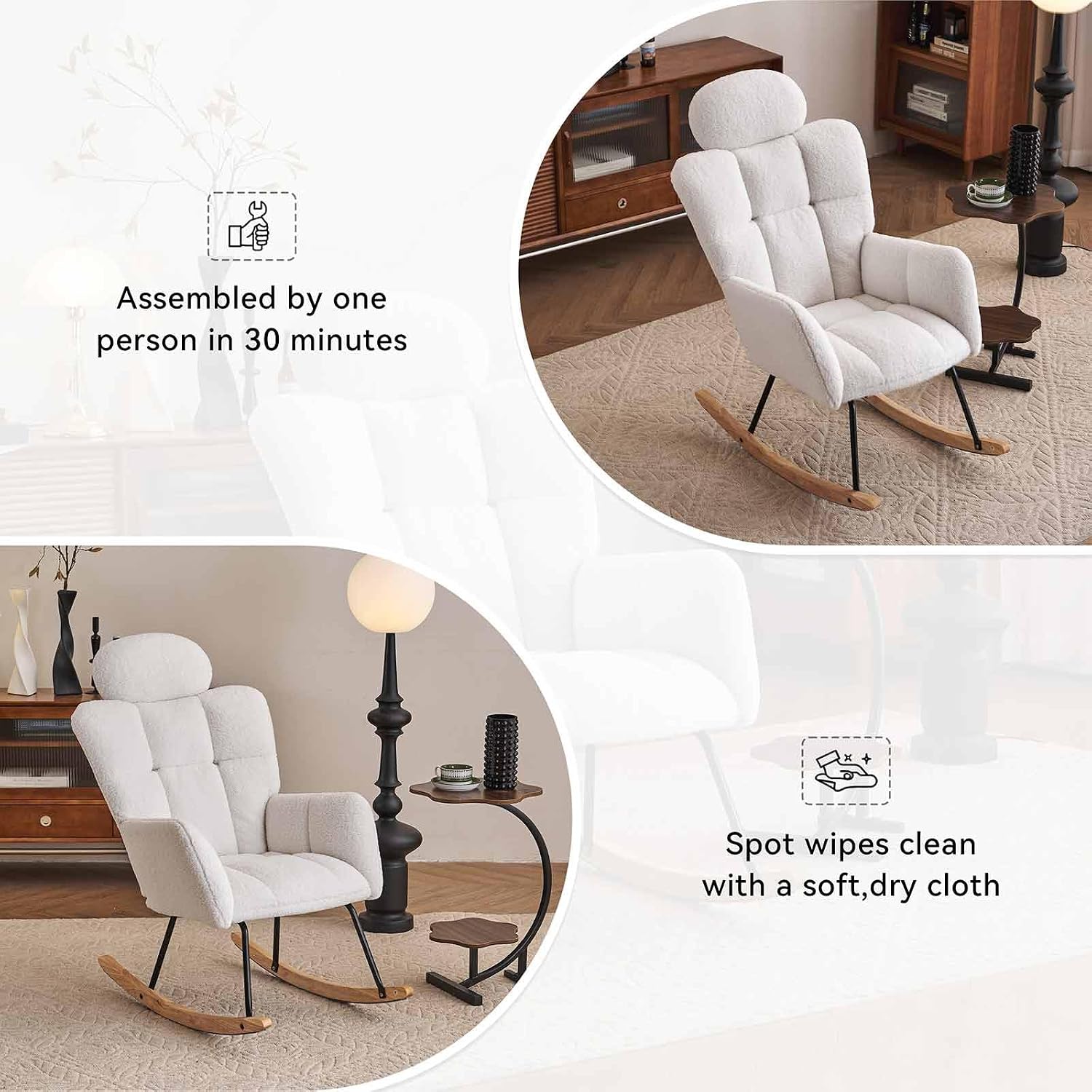 Nursery Rocking Chair - Teddy Fabric Upholstered Glider Rocking Chair with High Backrest & Pillow for Living Room & Bedroom - Easy Assembly Wood/Metal Base (Ivory)