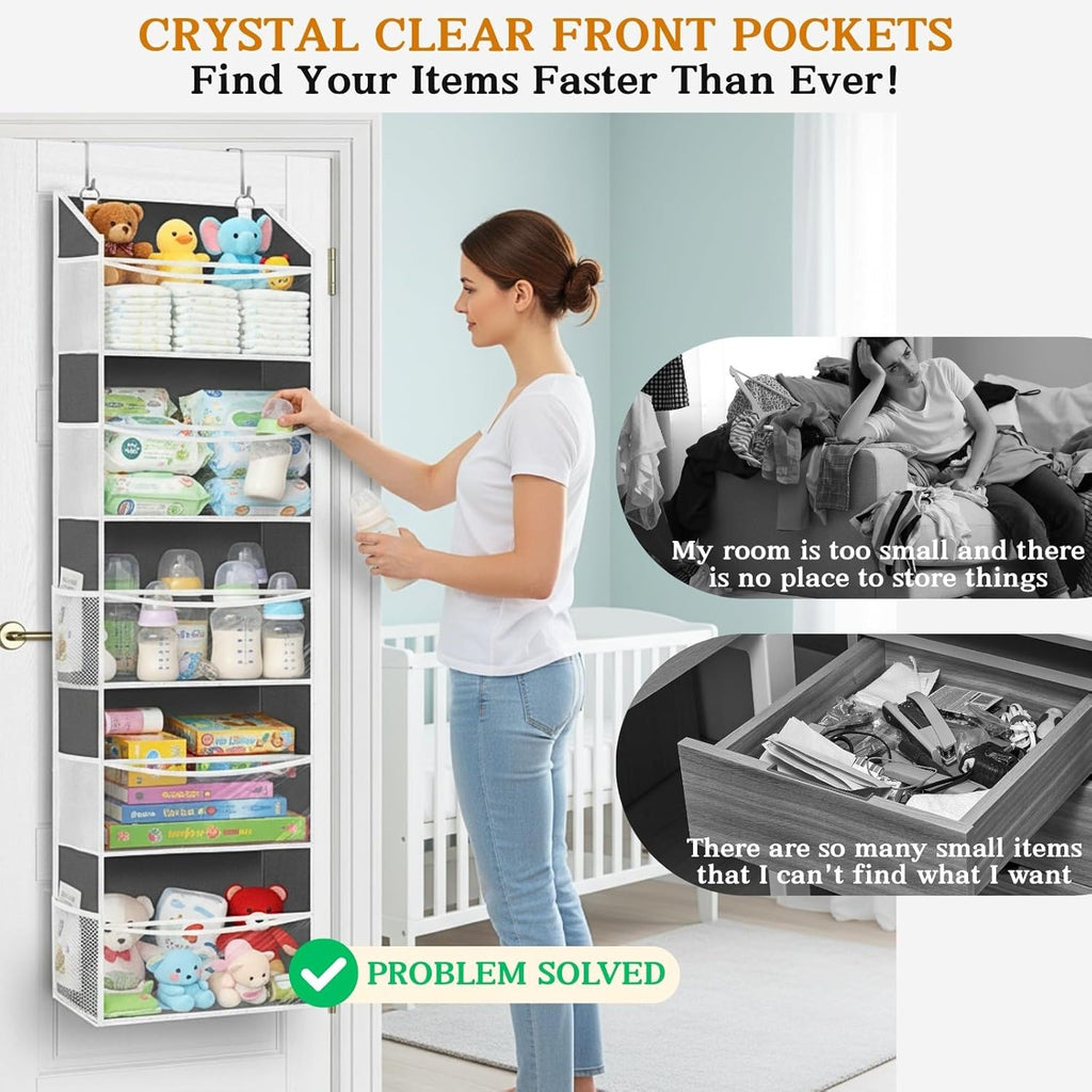 Ofiray-home 2 Pack Over Door Organizer with 5 Large Pockets, 5 Transparent Front Pockets & 10 Mesh Side, 50 lbs Weight Capacity Hanging Storage for Toys, Shoes, Diapers, Pantry