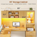 SEDETA 67" x 65" L Shaped Desk with Hutch, RGB LED Corner Computer Desk with Power Outlets, Fluted Home Office Desk with File Drawer, Storage Cabinet & Glass Display Cabinet for Gaming & Working, Oak