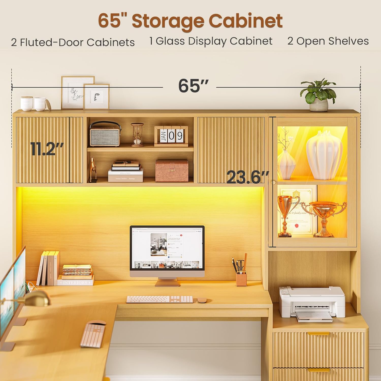 SEDETA 67" x 65" L Shaped Desk with Hutch, RGB LED Corner Computer Desk with Power Outlets, Fluted Home Office Desk with File Drawer, Storage Cabinet & Glass Display Cabinet for Gaming & Working, Oak