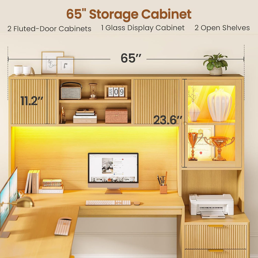 SEDETA 67" x 65" L Shaped Desk with Hutch, RGB LED Corner Computer Desk with Power Outlets, Fluted Home Office Desk with File Drawer, Storage Cabinet & Glass Display Cabinet for Gaming & Working, Oak