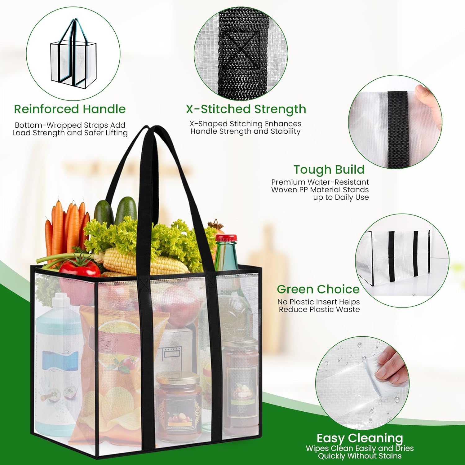 8 Pack Reusable Grocery Bags, Heavy-Duty Shopping Bags with Sturdy Handles, Water-Resistant & Foldable Organizer, Shopping Tote Bags for Groceries, Market, Car Trunk, Multi-Purpose, 33L