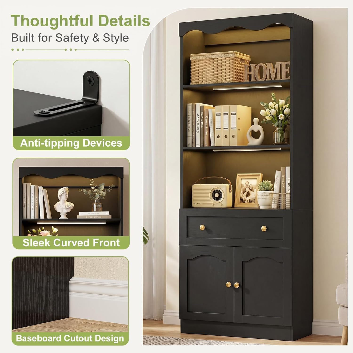 Cyclysio 80" Tall Pantry Cabinet with Motion Sensor LED Lights, Kitchen Storage Cabinet for Coffee Bar and Dining Room, Tall Bookshelf with 3.15" Baseboard Cutout, Drawer and Cupboard, Black
