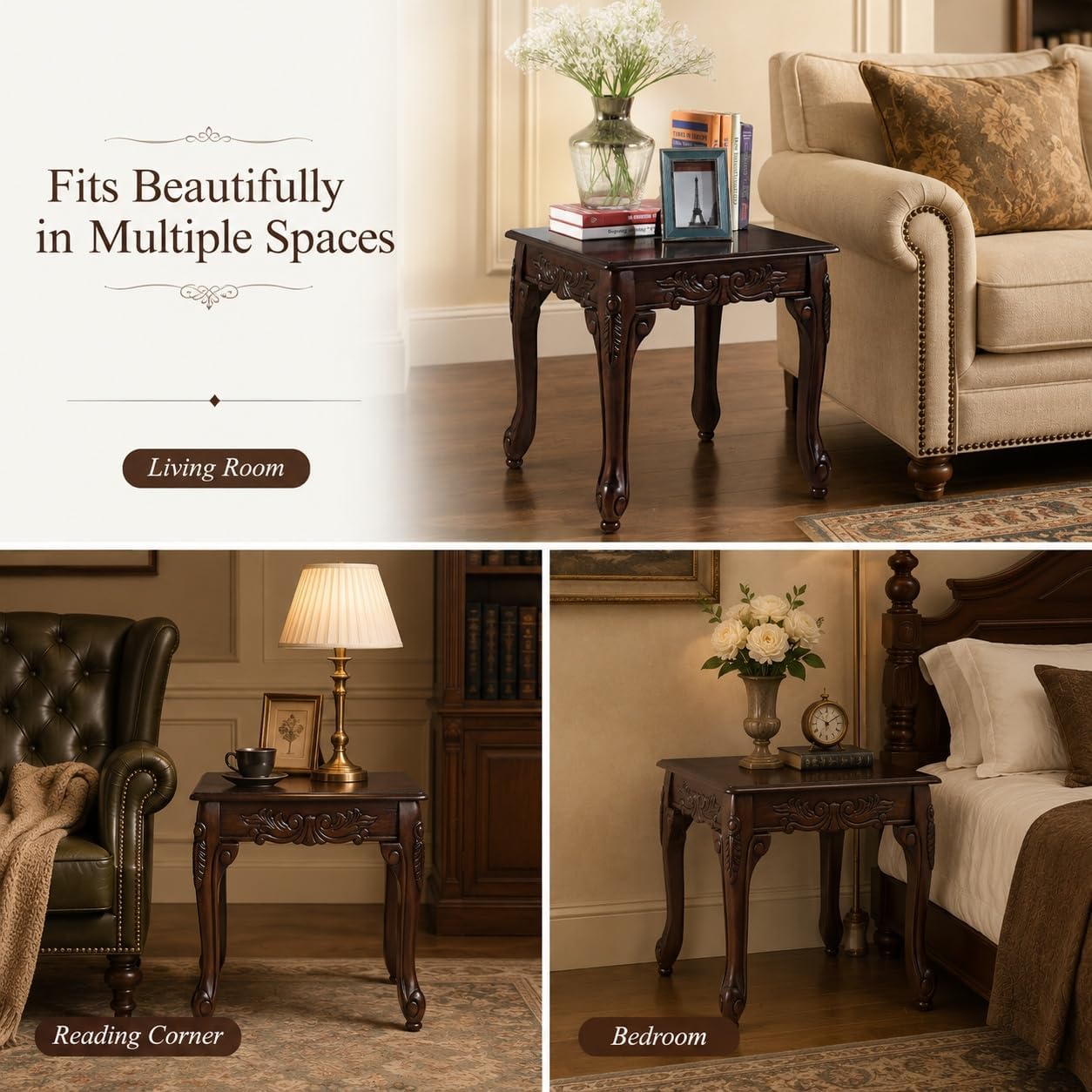 Traditional Dark Cherry Wood End Table with Claw Feet Ornate Vintage Side Table for Living Room Bedroom Sofa Side Accent Table Classic Furniture