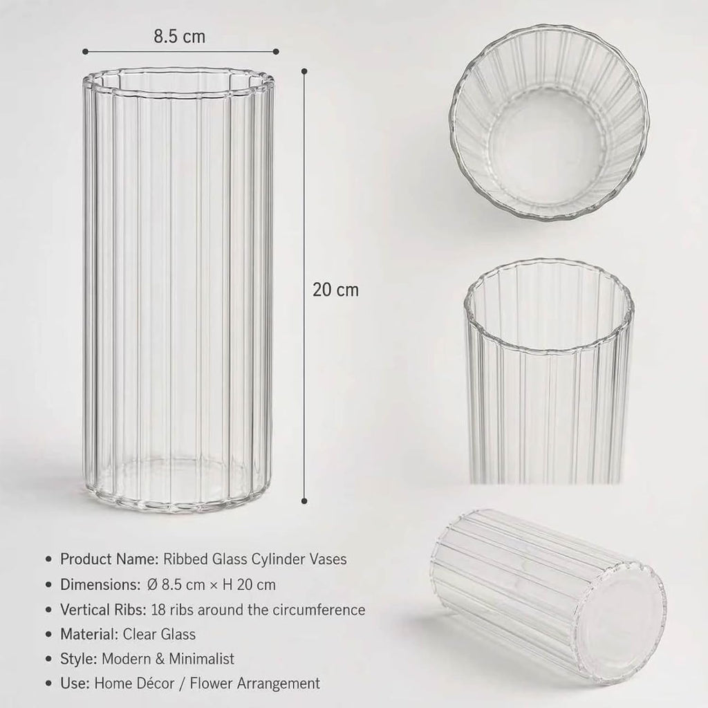 Sandraheer 6-Pack 8 Inch Glass Ribbed Cylinder Vases, Clear Hurricane Floating Candle Holders & Flower Vases for Wedding Centerpieces, Home Décor