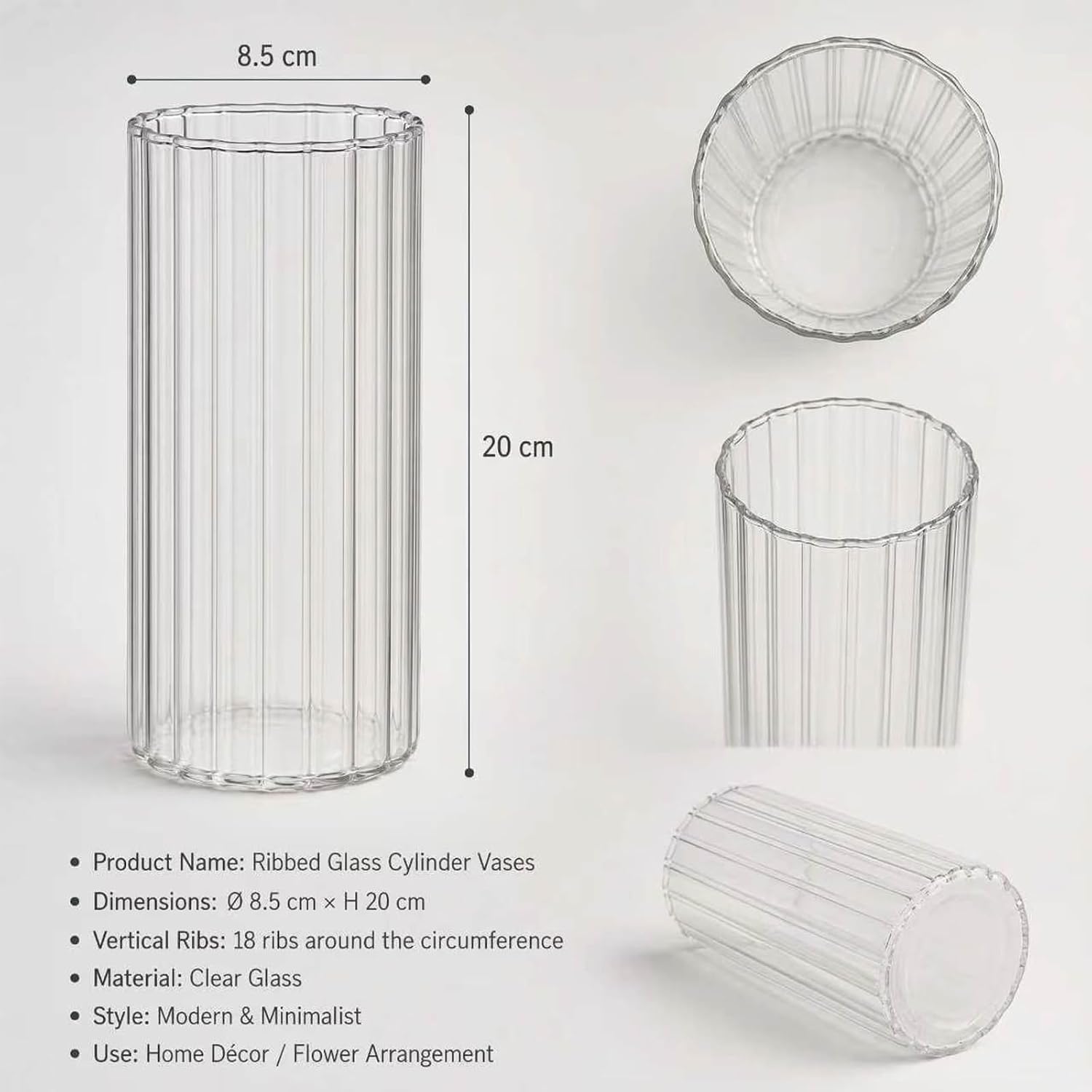 Sandraheer 6-Pack 8 Inch Glass Ribbed Cylinder Vases, Clear Hurricane Floating Candle Holders & Flower Vases for Wedding Centerpieces, Home Décor