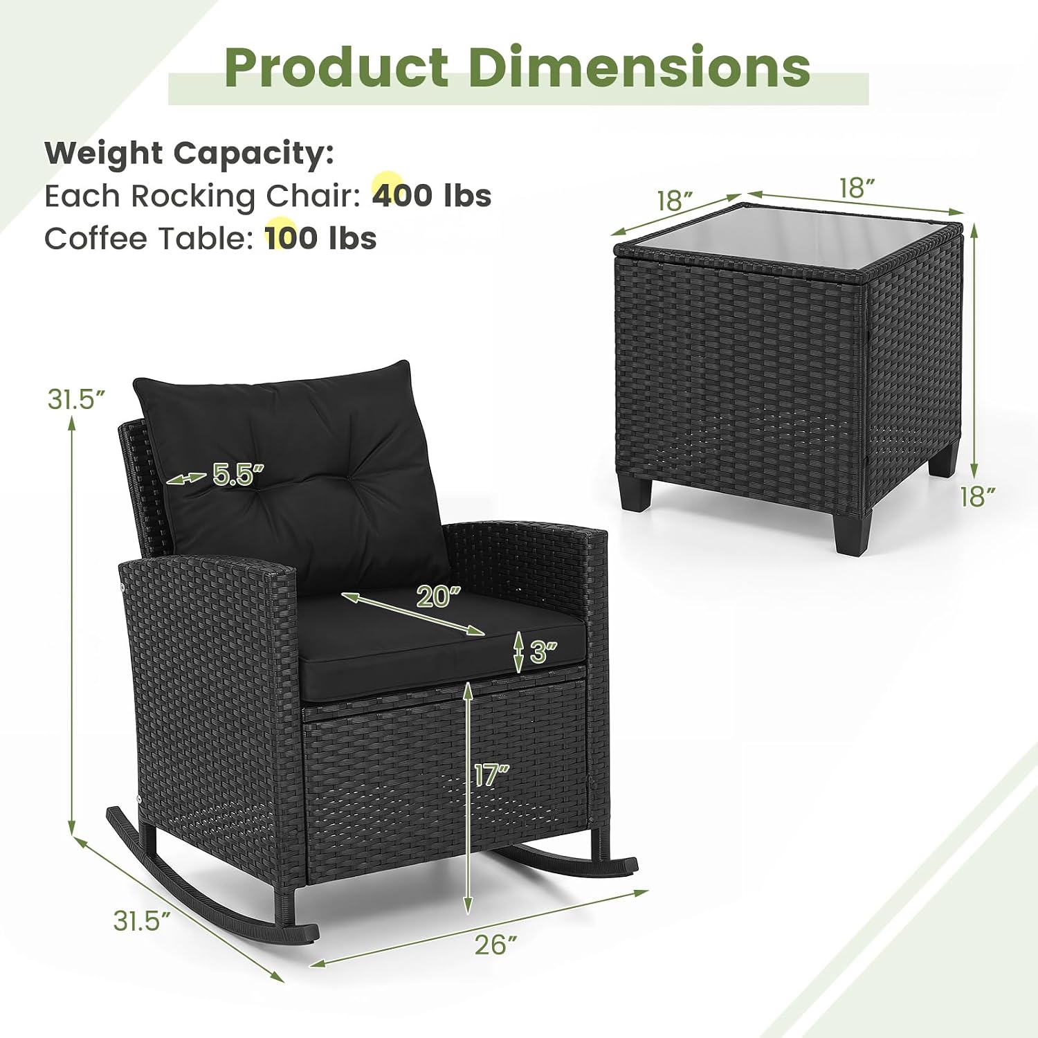 Tangkula 3 Piece Wicker Rocking Set, Patio Rattan Roker Chairs with Tempered Glass Table & Soft Cushions, Outdoor Furniture Set for Backyard, Poolside Porch