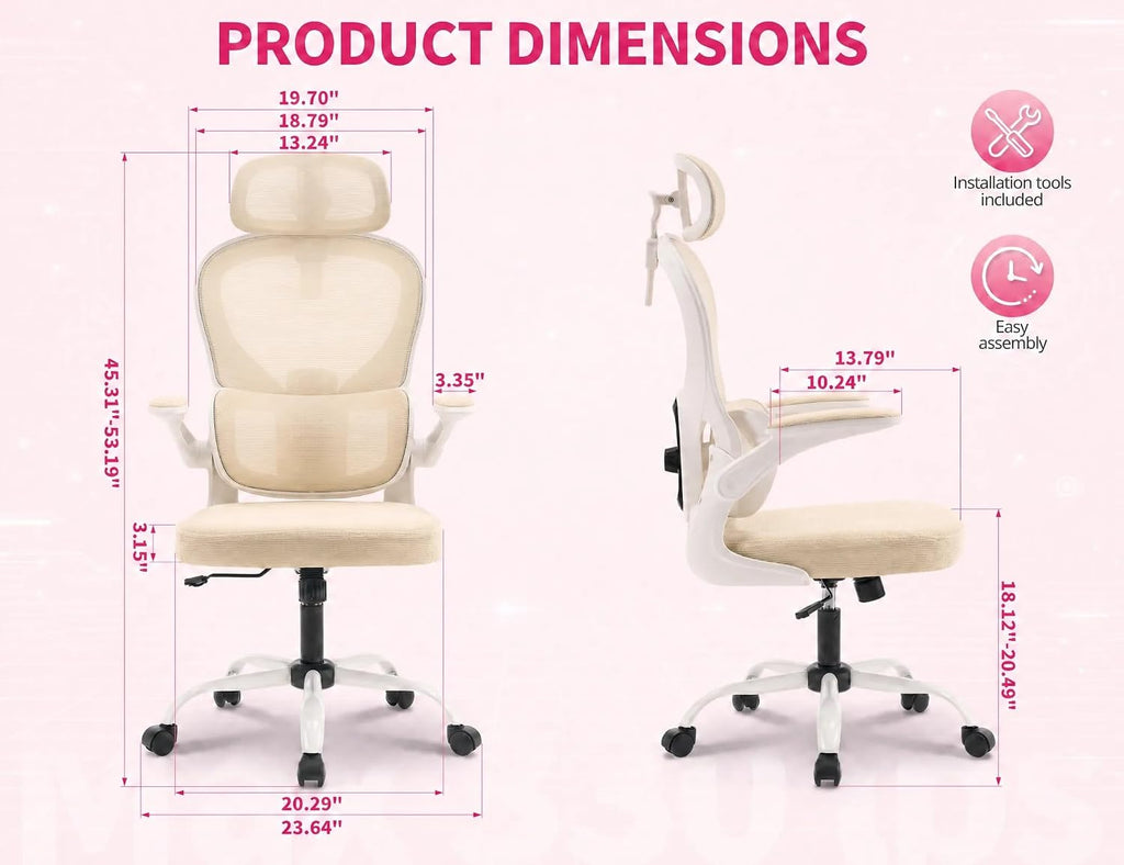 High Back Mesh Office Chair, Ergonomic Chair with Adjustable Headrest, Lumbar Support & Flip-Up Arms, 330lbs Swivel Gaming Computer Chair (Beige)