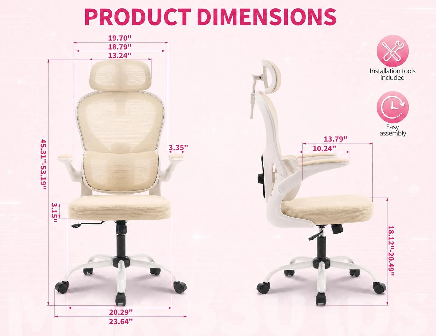 High Back Mesh Office Chair, Ergonomic Chair with Adjustable Headrest, Lumbar Support & Flip-Up Arms, 330lbs Swivel Gaming Computer Chair (Beige)