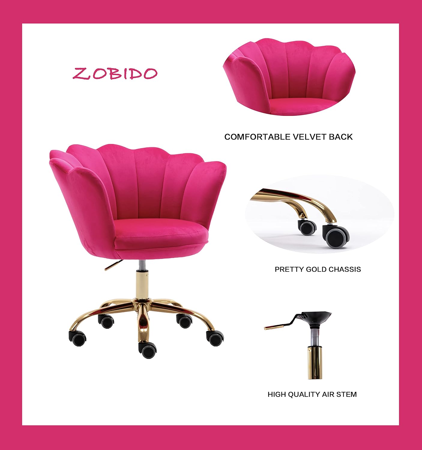Comfy Home Office Task Chair with Wheels, Cute Modern Upholstered Velvet Seashell Back Adjustable Swivel Vanity Desk Chair, for Women, for Girls,Living Room (Rose red)