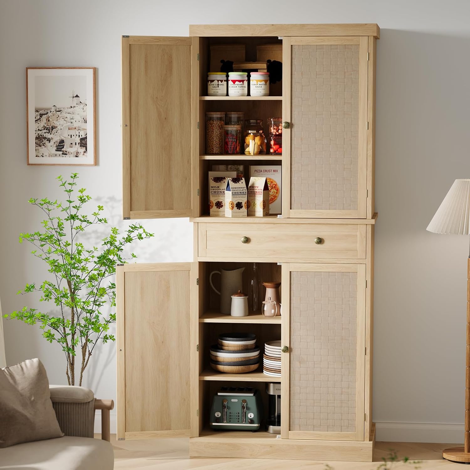 Kitchen Pantry Cabinet with 4 Doors and Adjustable Shelves, 72" Tall Farmhouse Storage Pantries with 1 Drawer for Living Room, Dining Room