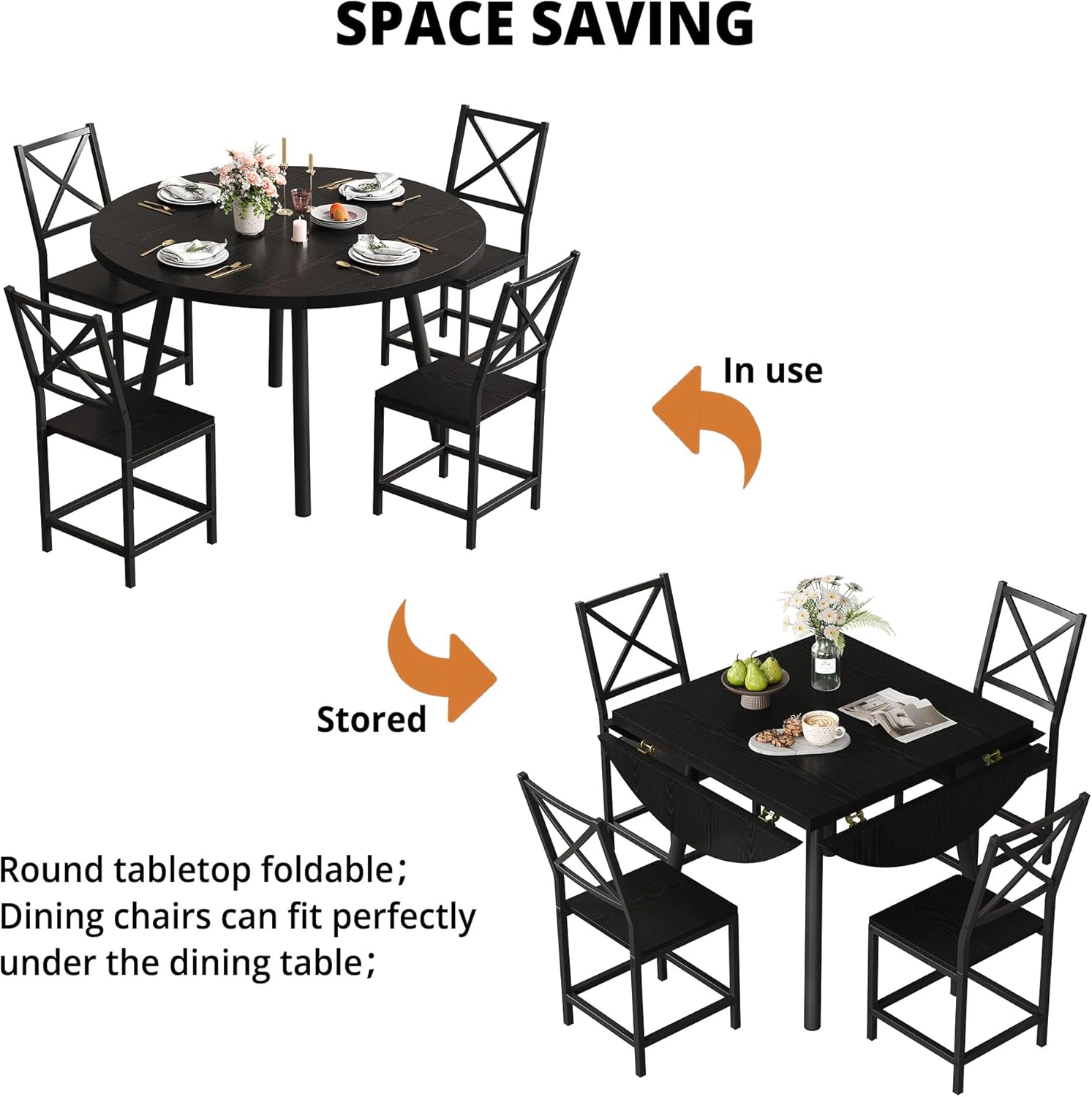 IRONCK Round Dining Table Set for 4, Extendable Kitchen Table with 4 Chairs, 44.5" Drop Leaf Desk, Folding for Small Space, Apartment, Black