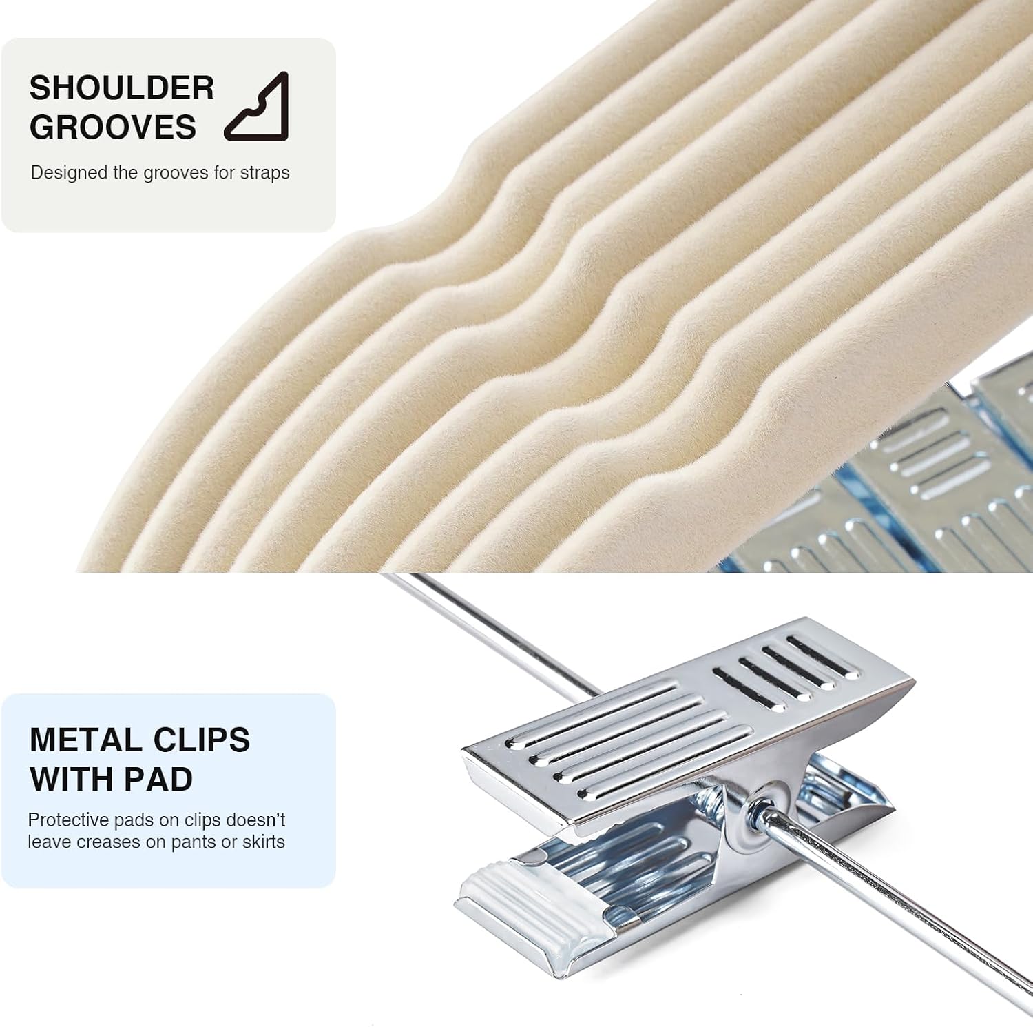 48-Pack Beige Velvet Hangers with Clips Adjustable,Adult Hangers,Heavy-Duty,Felt,Non-Slip,Space Saving,Slim Outfit Hanger for Pants, Skirts, Suits,Coats, Dresses ect.