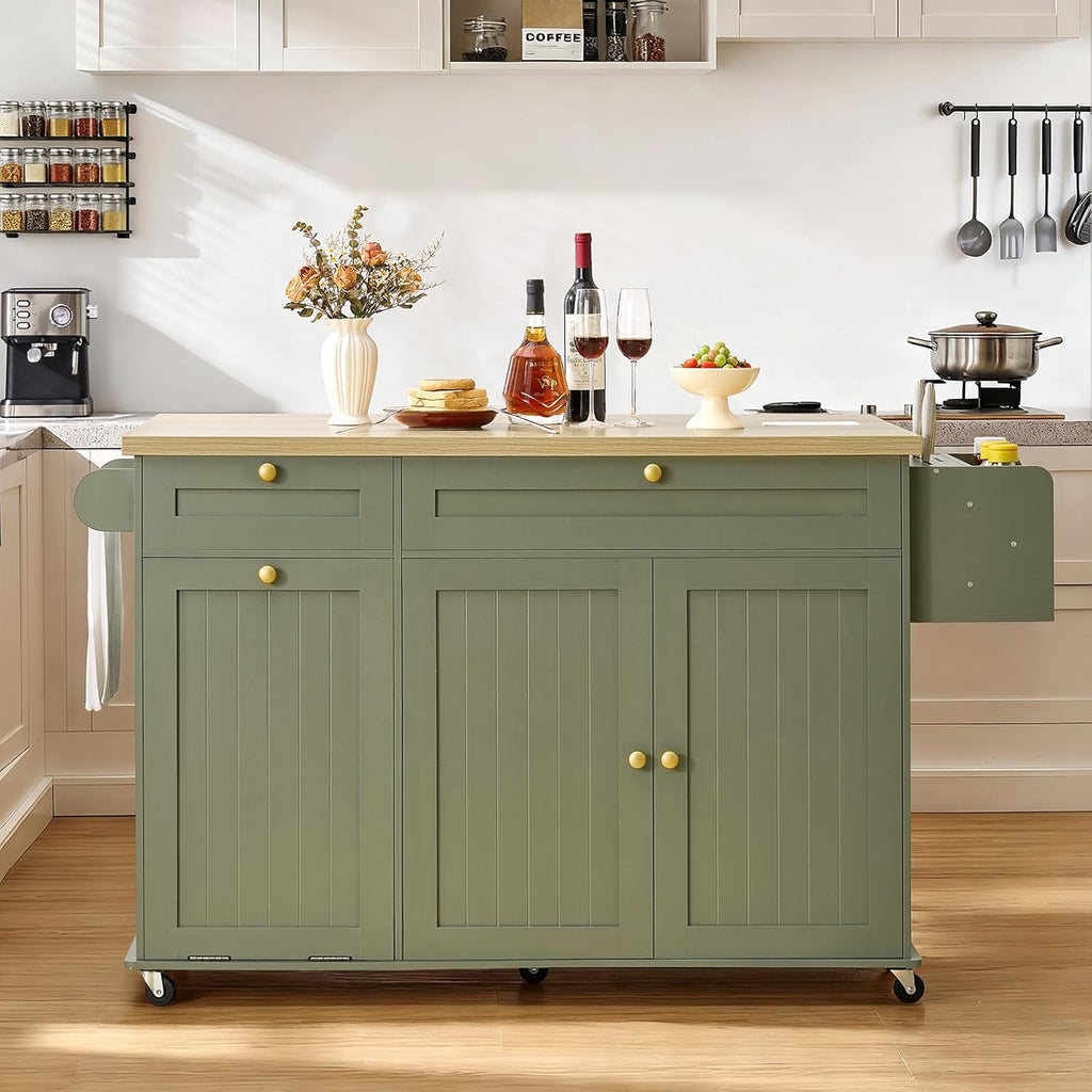 60.2" Kitchen Islands with Storage, Kitchen Island Cart with Trash Can Storage Cabinet, Rolling Kitchen Island Table with Drop Leaf & Power Outlet & Spice Rack & Towel Rack & Knife Holder, Green