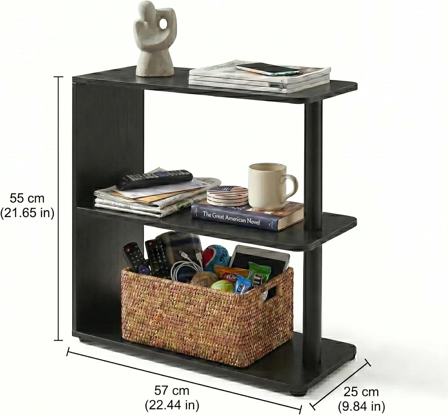 3-Tier Narrow End Table, Industrial Slim Side Table for Small Spaces, Sofa Couch Table Accent Nightstand with Storage Shelves for Living Room, Bedroom, 22.5" L x 10" W x 21.5" H, Black