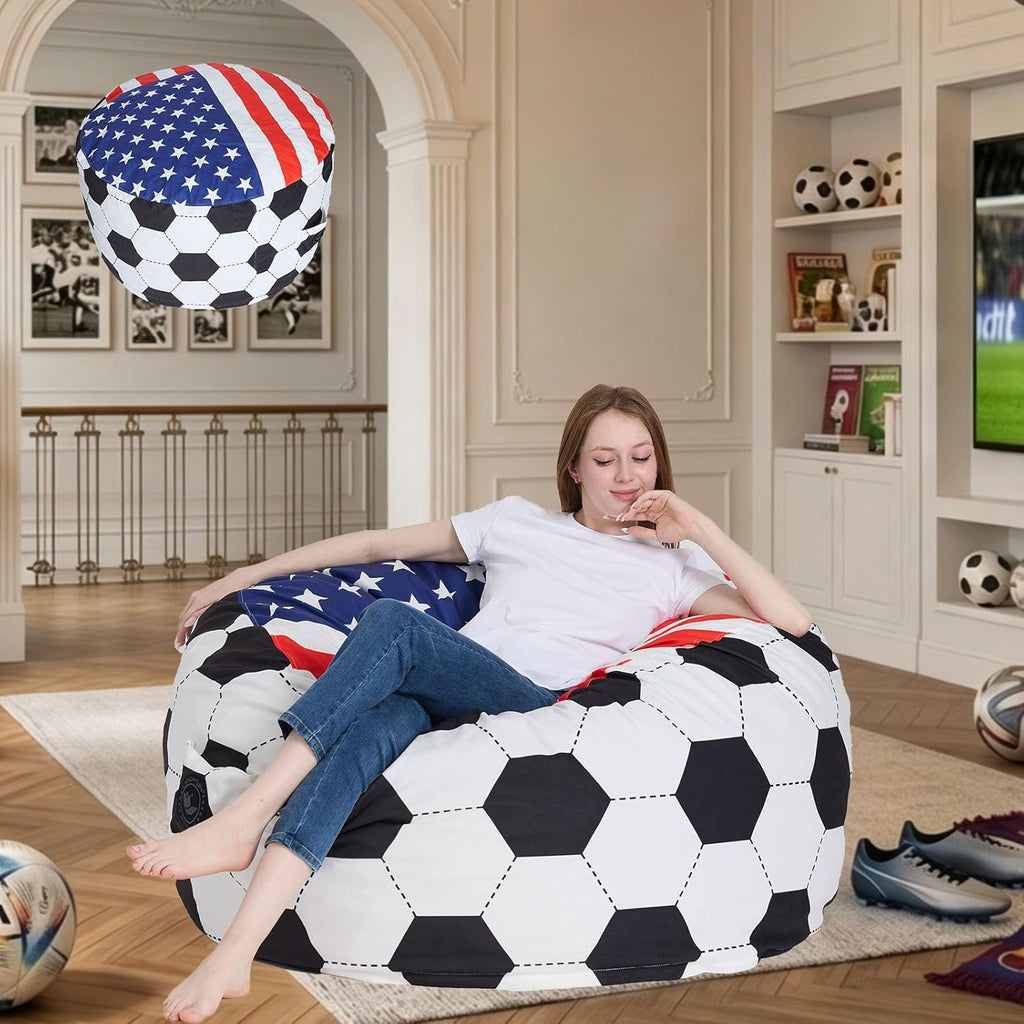 4FT Soccer Football Bean Bag Chair with Printed Flag Bean Bag Cover for Adults&Kids,2026 World Cup USA Fan Large Memory Foam Beanbags Ideal for Game Day & Living Room Bedroom