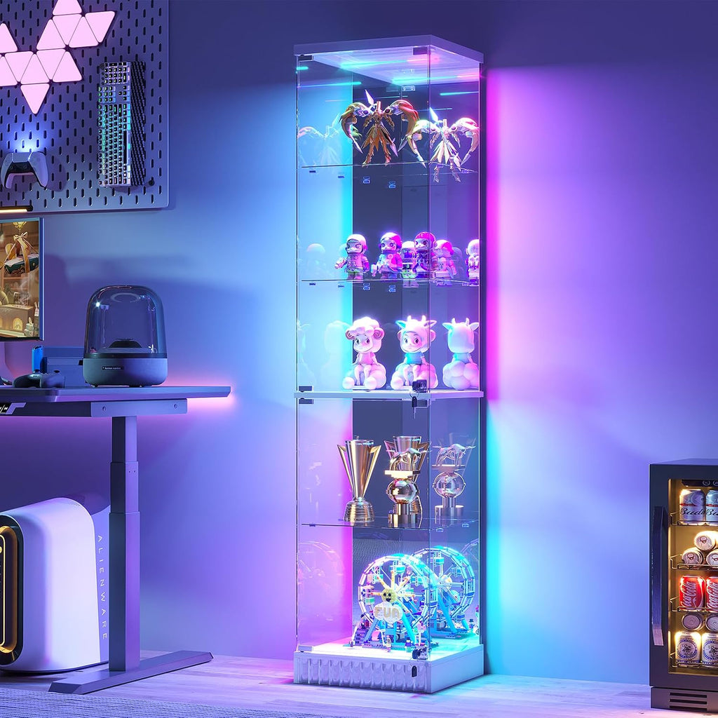 HNEBC Glass Display Cabinet, LED Display Case with RGB Lighting, Lockable Curio Cabinet with Explosion-Proof Glass Doors for Collectibles,5-Tier China Cabint with Motion Sensor Light-White