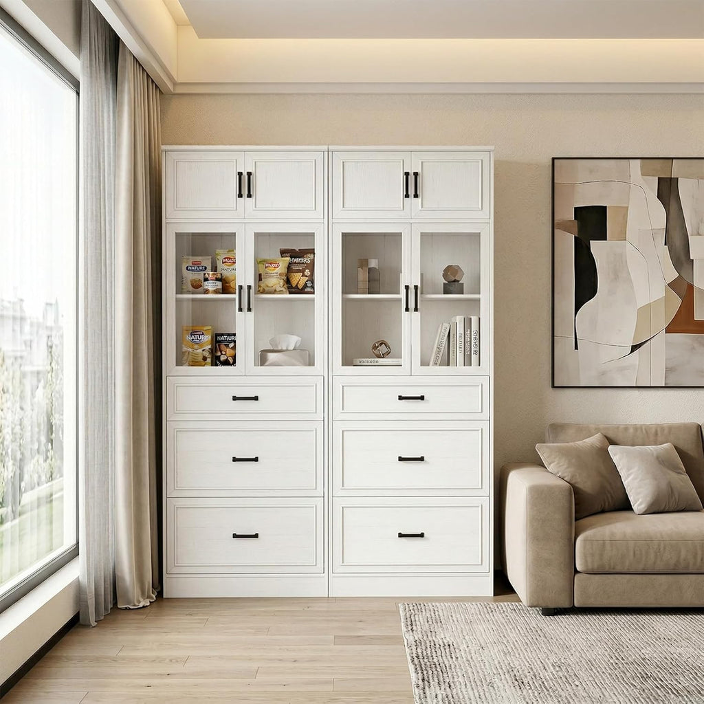 Unikito 80" Tall Kitchen Pantry Storage Cabinet with Glass Doors, Adjustable Shelves & 3 Drawers, Versatile Tall Storage Cupboard for Kitchen, Dining Room, Living Room, Bathroom White