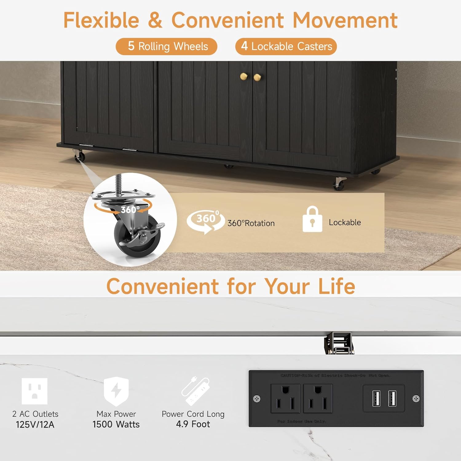 ONBRILL 60" Kitchen Island with Power Outlet & Drop Leaf, Rolling Island with Spice Rack & Towel Rack, Kitchen Island Cart with Trash Storage Cabinet, Island Table for Kitchen, Black+Imitation Marble