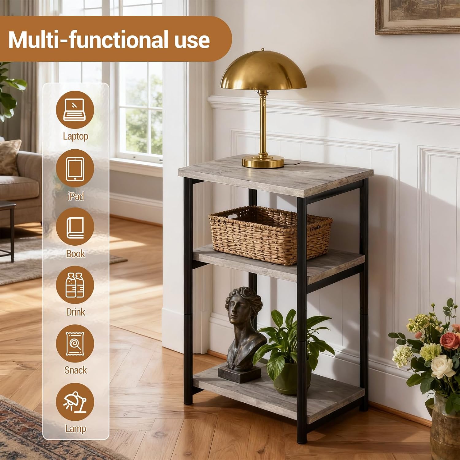Garvee 3 Tier End Table, Tall Side Table with Storage, Telephone Tables with Metal Frame Small Nightstand for Small Spaces for Living Room Bedroom Sofa Couch Hall Easy Assembly Gray