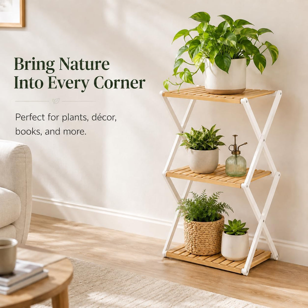 Foldable Bamboo Shoe Rack, 3-Tier Vertical Shoe Organizer for Small Spaces, Narrow Multifunctional Folding Shelf for Entryway, Closet, Bedroom, Hallway, Outdoor Camping & Plant Display-White