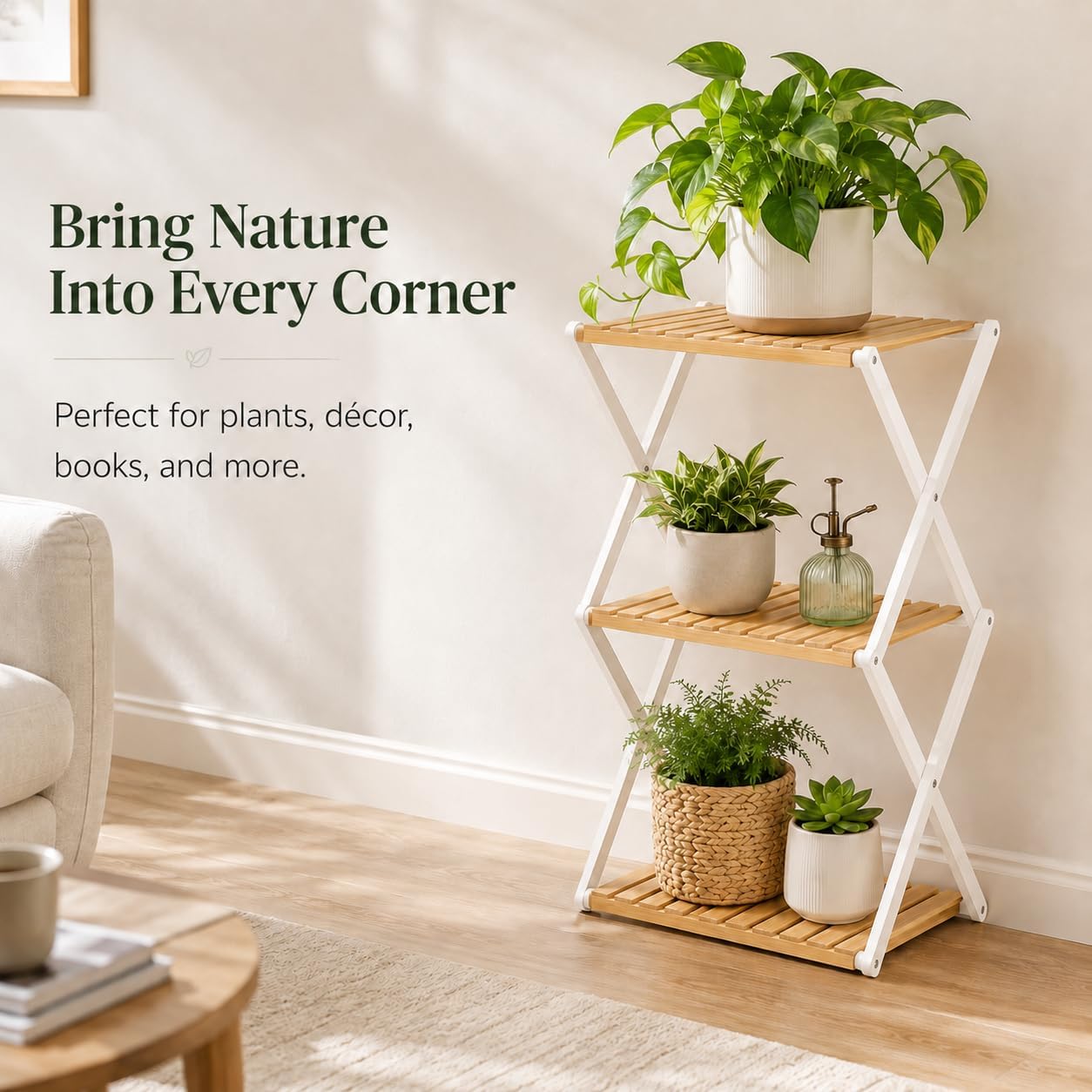 Foldable Bamboo Shoe Rack, 3-Tier Vertical Shoe Organizer for Small Spaces, Narrow Multifunctional Folding Shelf for Entryway, Closet, Bedroom, Hallway, Outdoor Camping & Plant Display-White