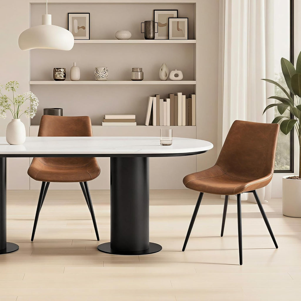 Yaheetech Dining Room Chairs Set of 2 Mid Century Modern Kitchen Chairs with Upholstered Faux Leather and Metal Legs for Dining Room, Living Room, Brown