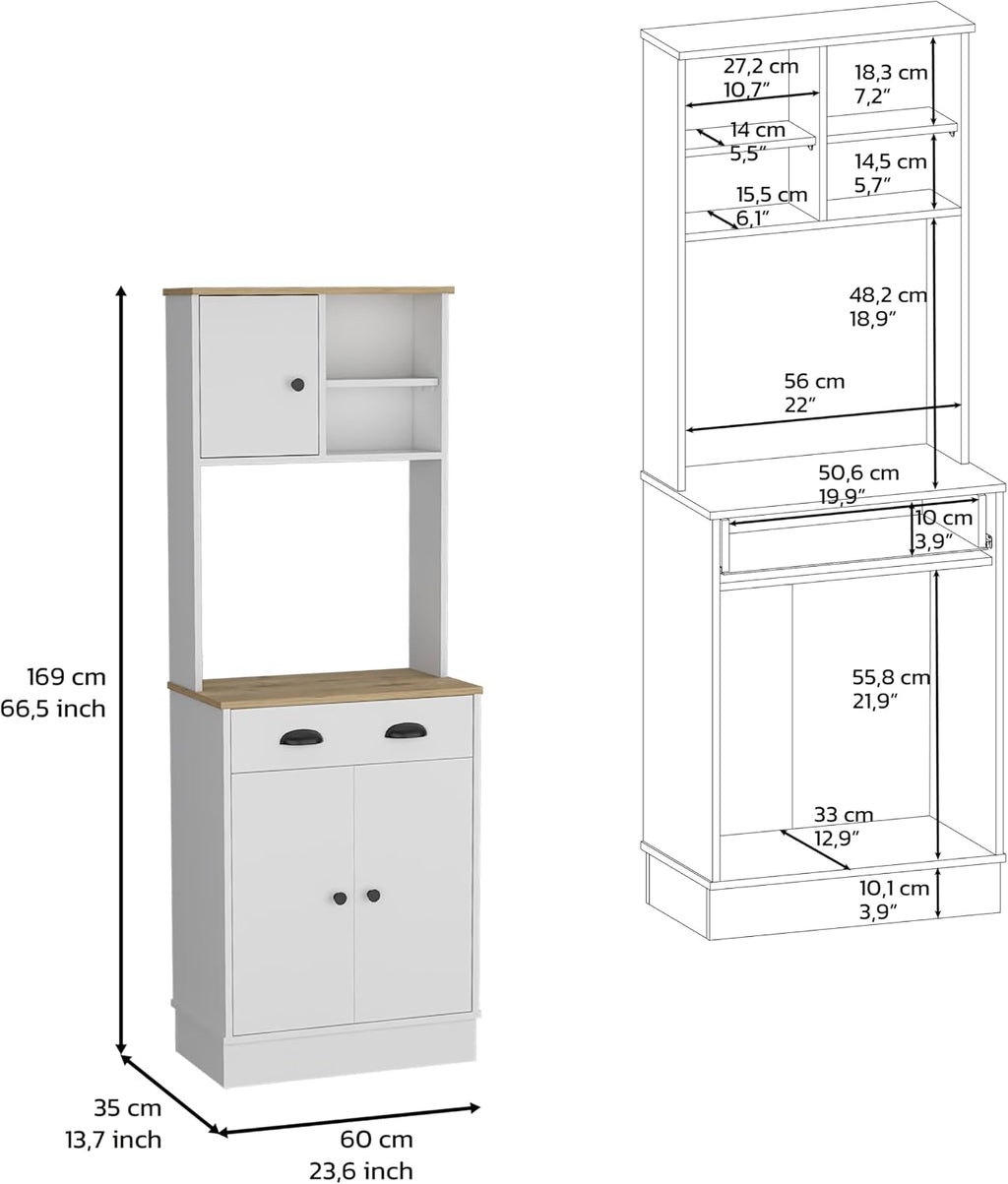 Kitchen Pantry 67" H, Two Cabinets, Three Doors, Two Open Shelves, One Drawer, Microwave Storage Option, White, Macadamia,23.62 * 13.78 * 66.54